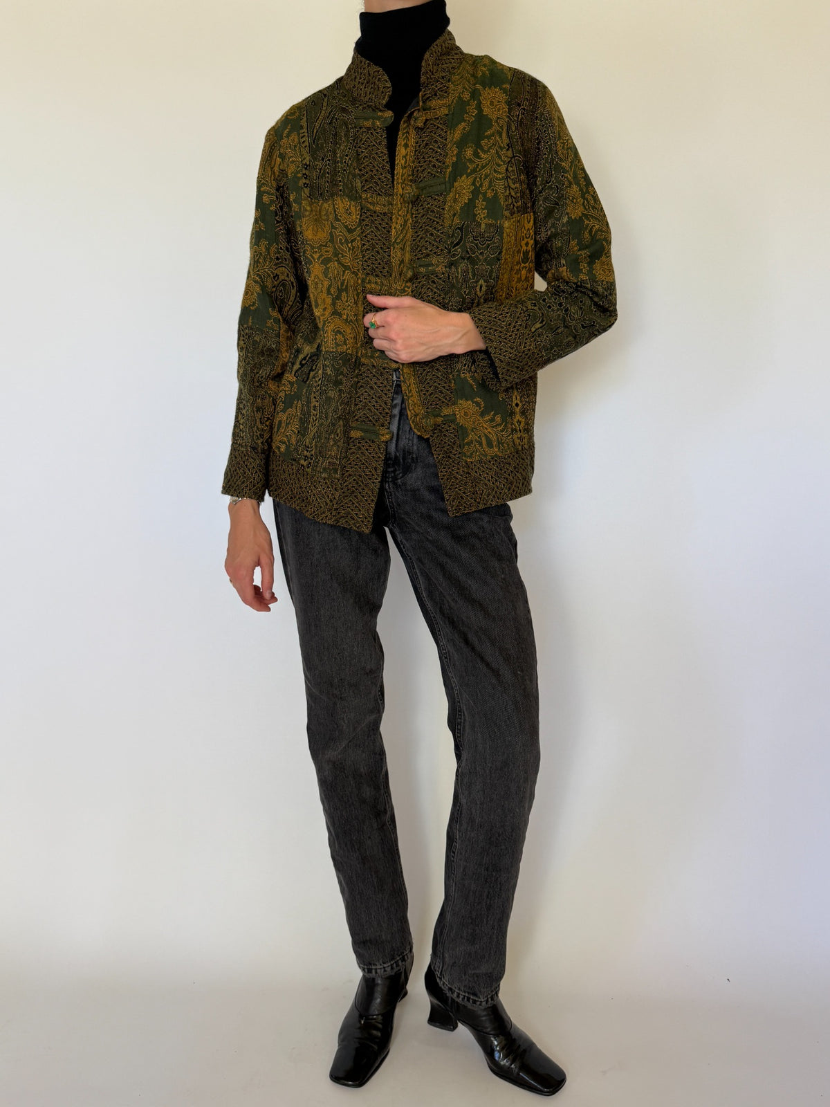 Angled front view tapestry jacket