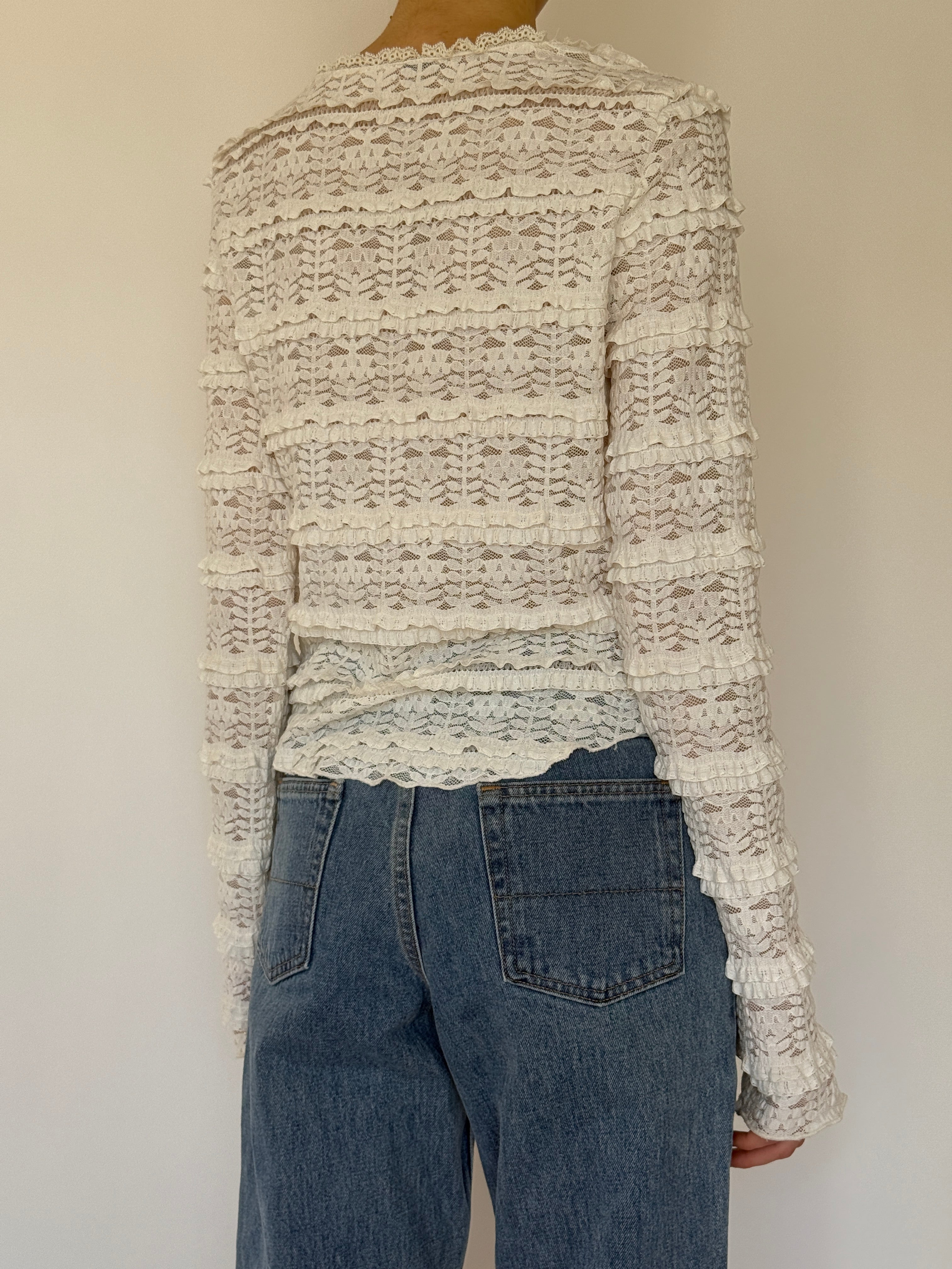 Vintage ivory lace ruffle blouse back view