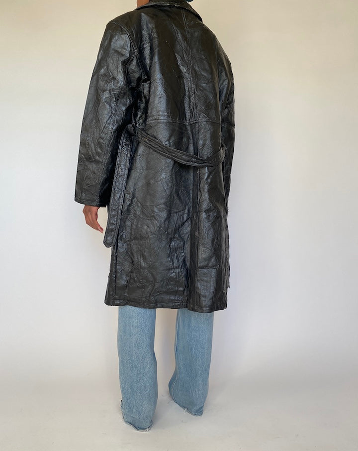 VINTAGE BLACK TEXTURED LEATHER TRENCH 4314