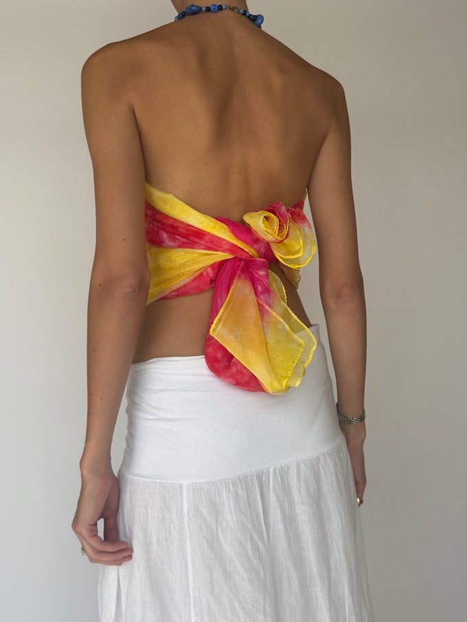 Vintage sarong tied as a top pink & yellow 6284