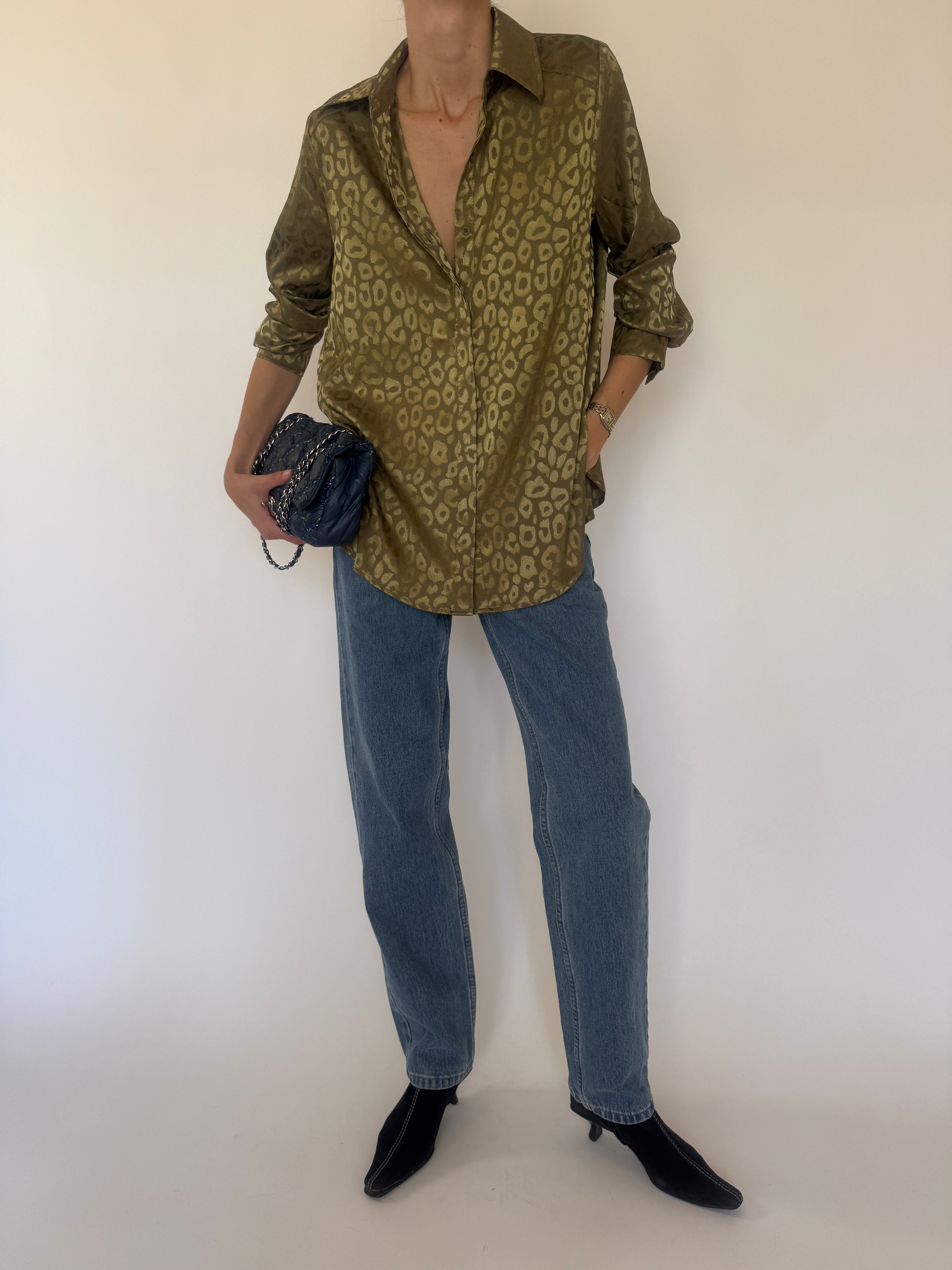 Vintage olive leopard shirt button detail