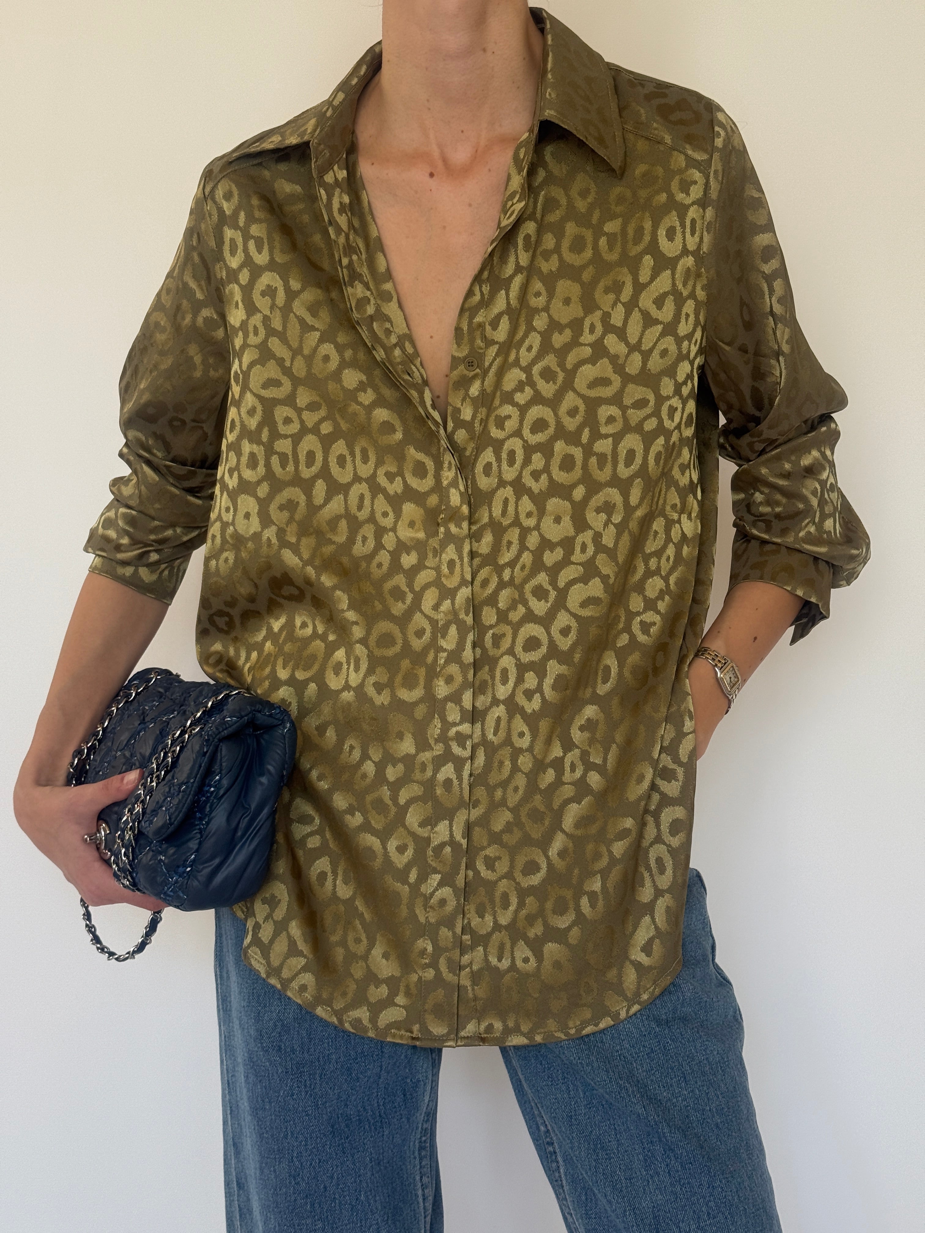 Vintage olive leopard shirt button detail