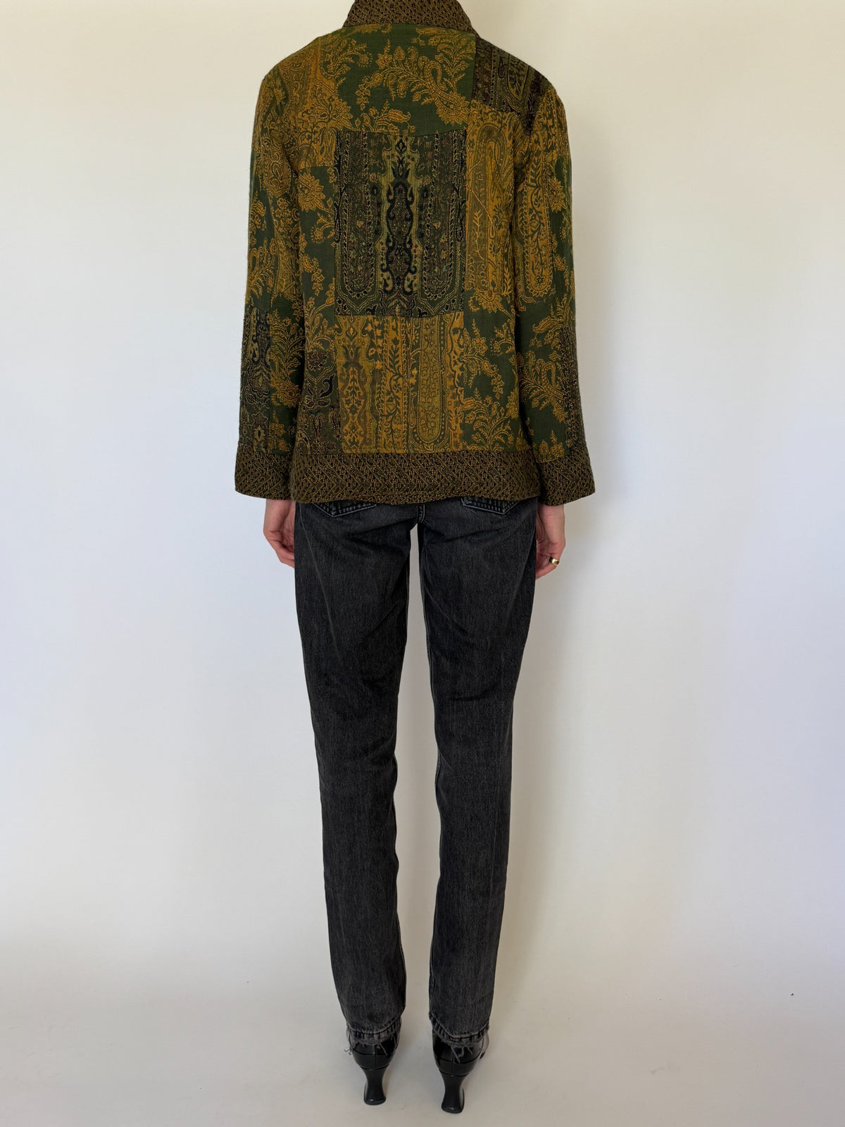 Back view of patchwork tapestry jacket