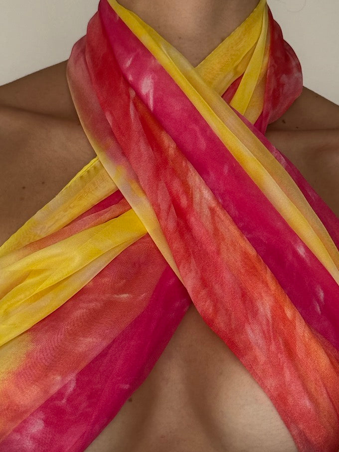 Vintage sarong tied as a top pink & yellow 6284