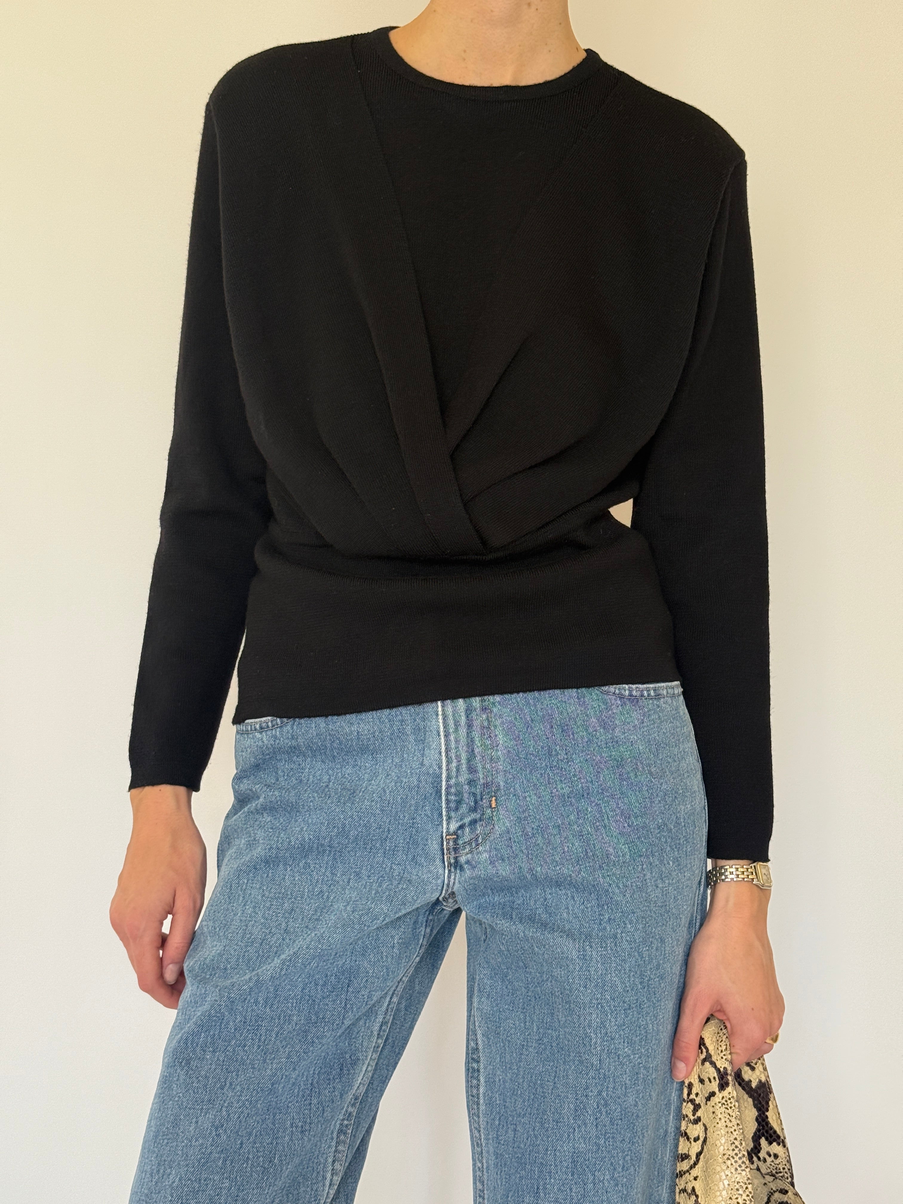 Vintage black merino wool wrap knit sweater front view