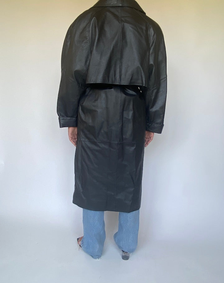 VINTAGE BLACK LONG LEATHER TRENCH COAT 3356