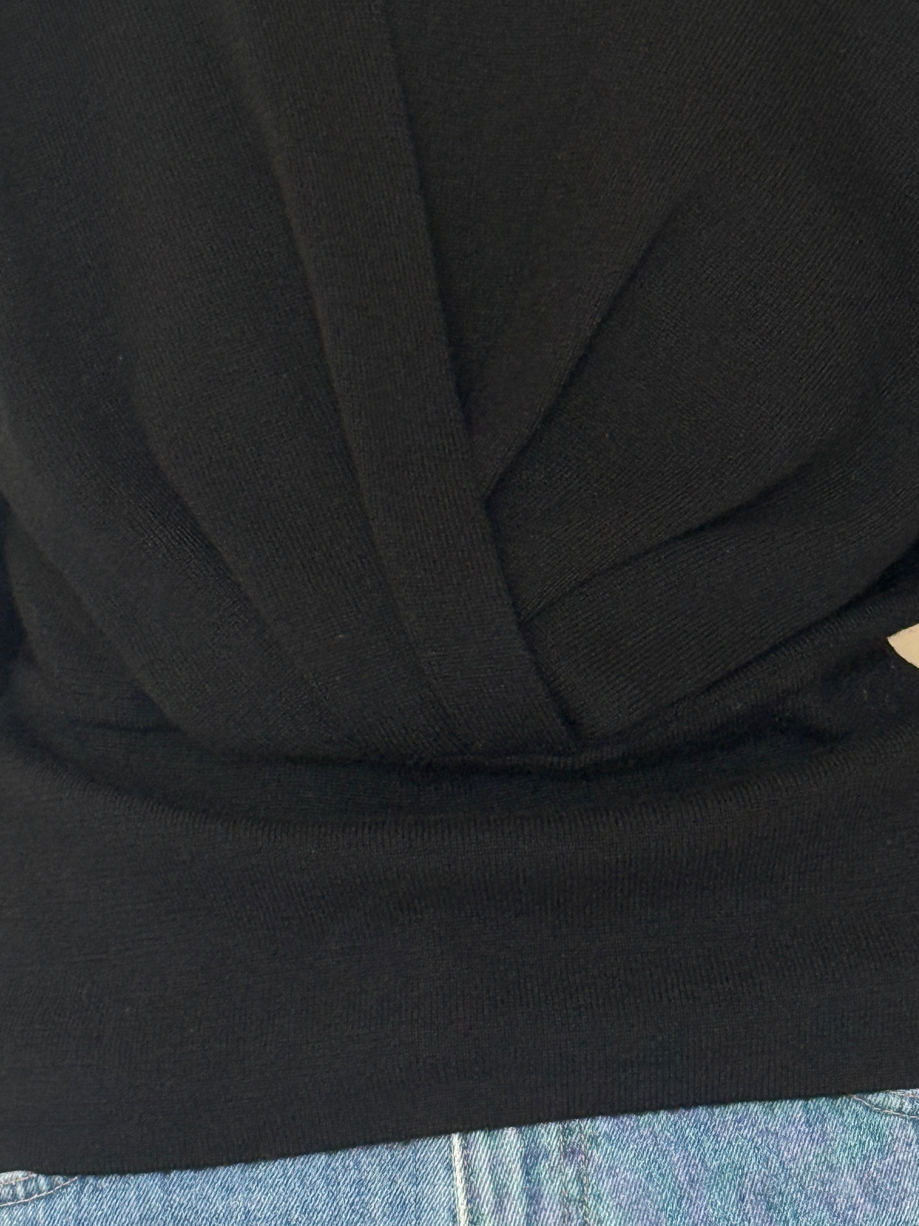 Vintage black merino wool wrap knit sweater draped front detail