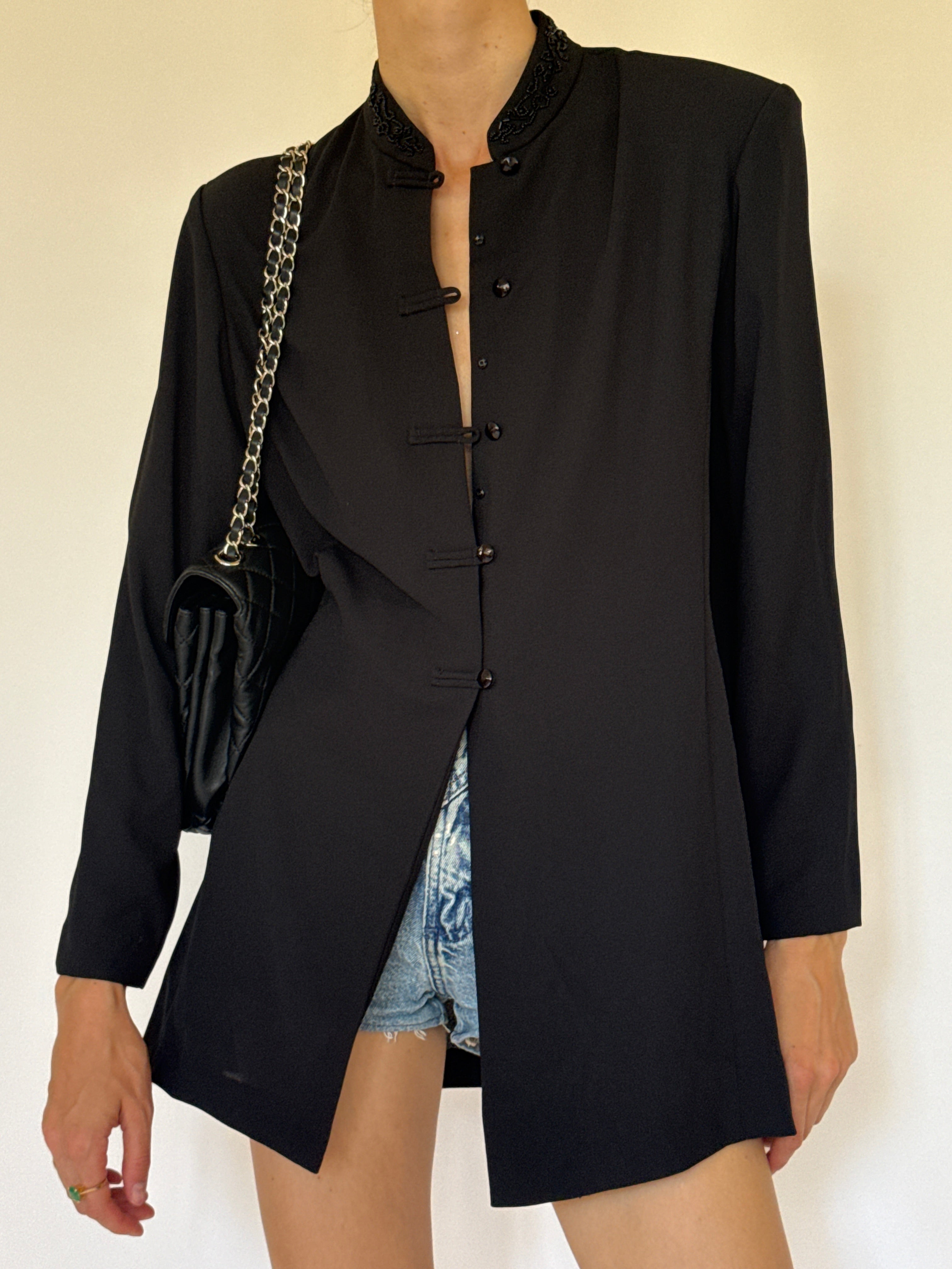 Vintage black embellished mandarin collar jacket front view
