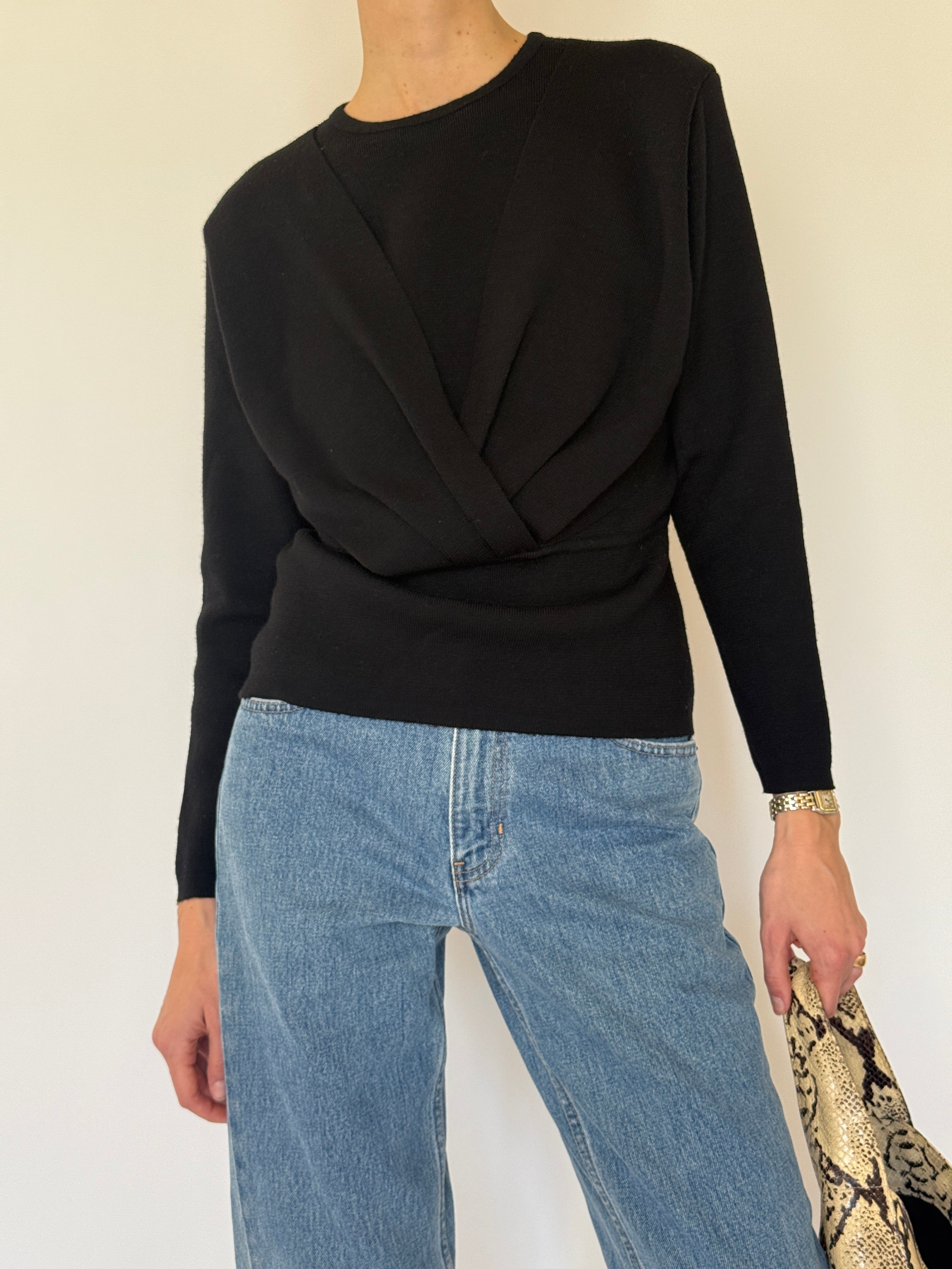 Vintage black merino wool wrap knit sweater neckline detail