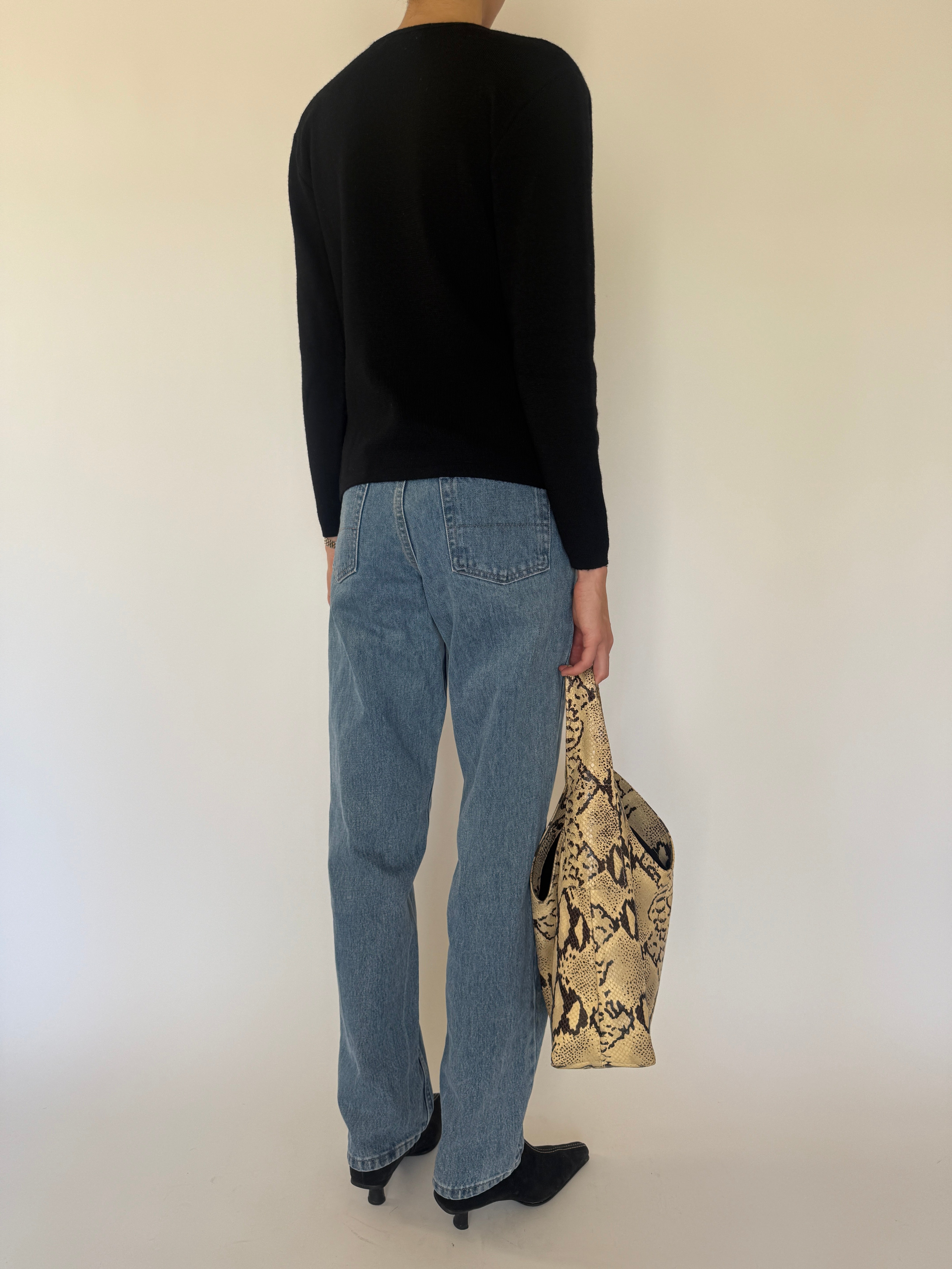 Vintage black merino wool wrap knit sweater back view