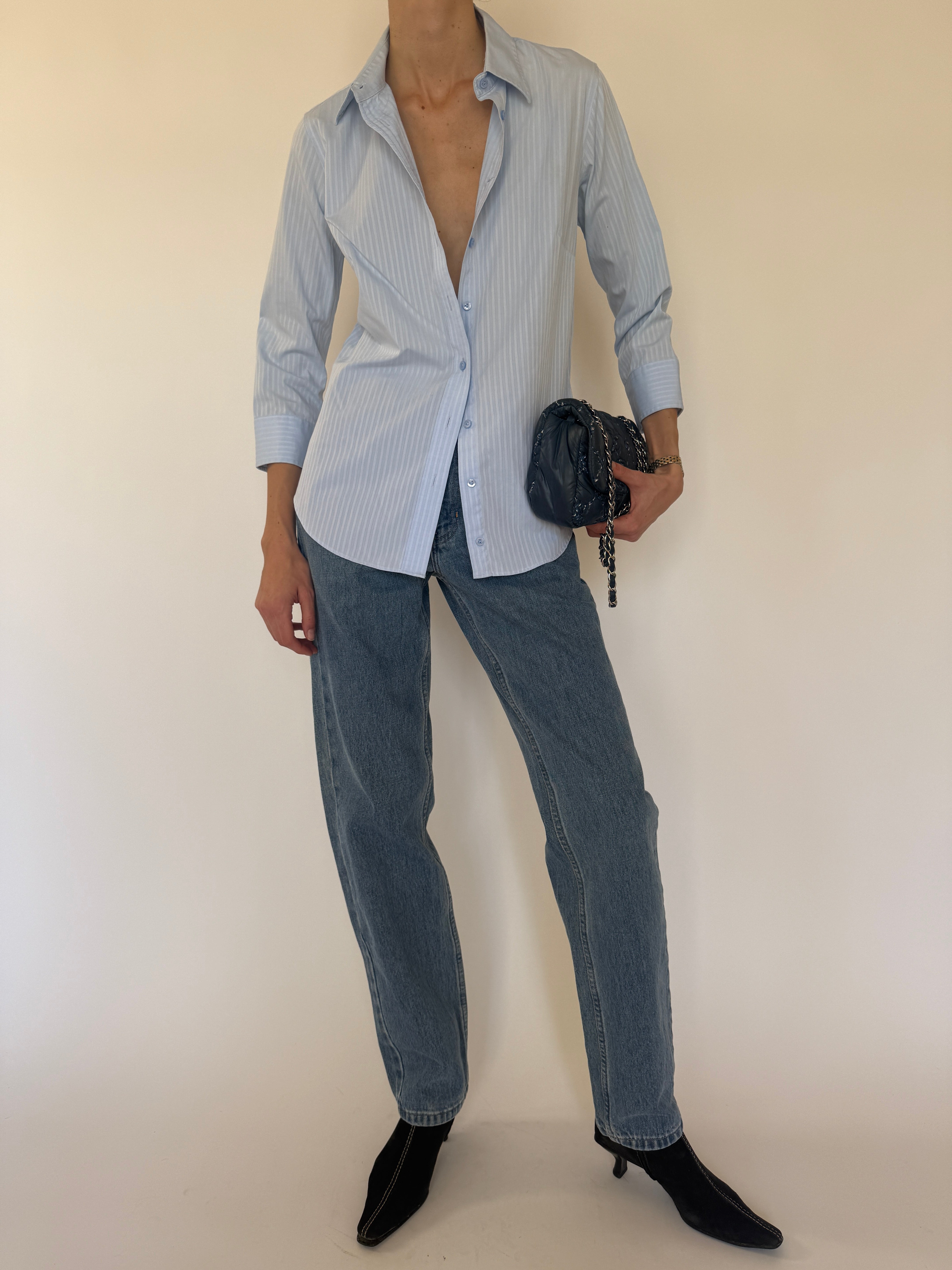 Vintage Lady Hathaway light blue striped shirt full outfit view