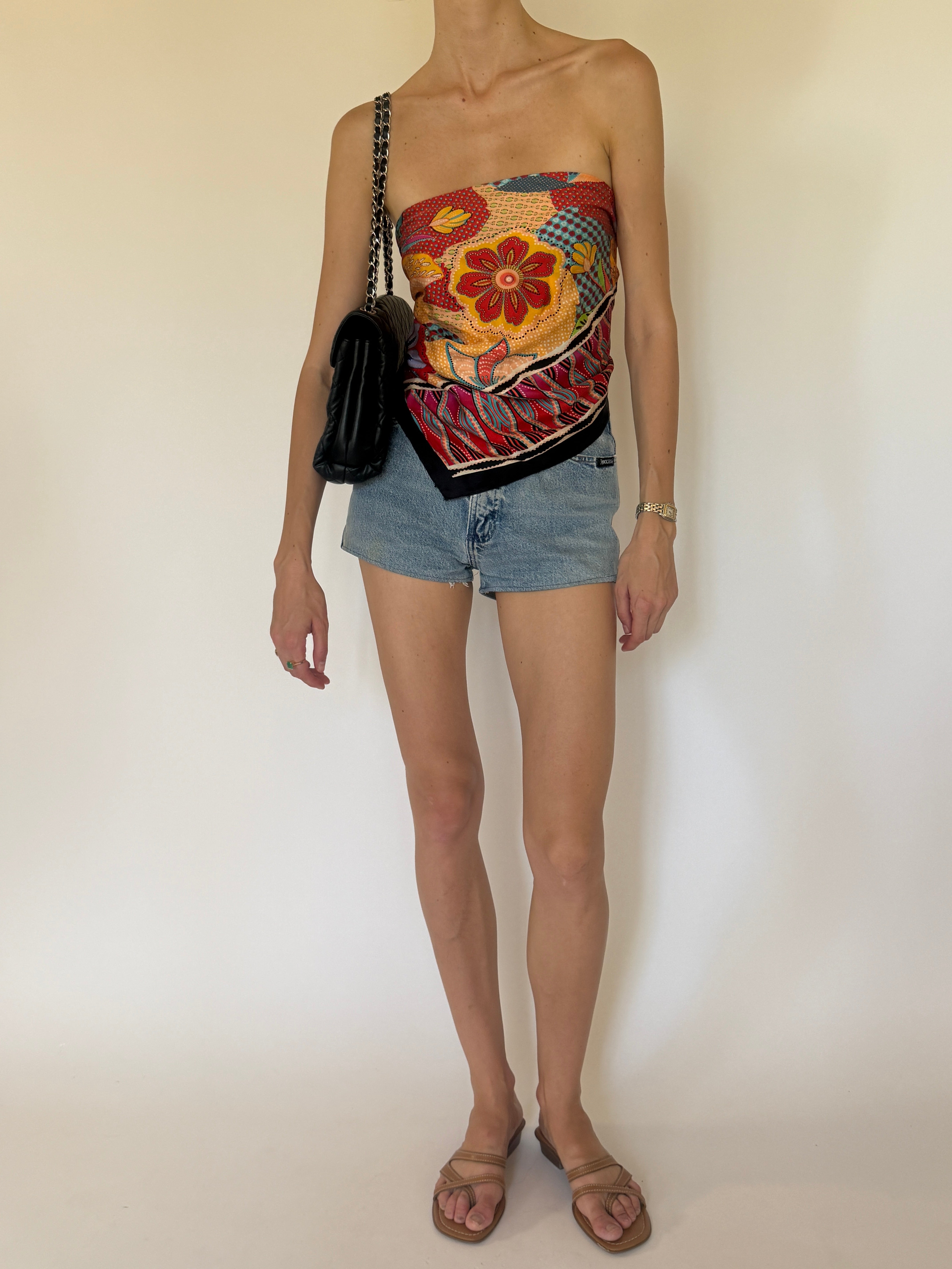 Vintage multicolor silk scarf worn as a strapless top angled view
