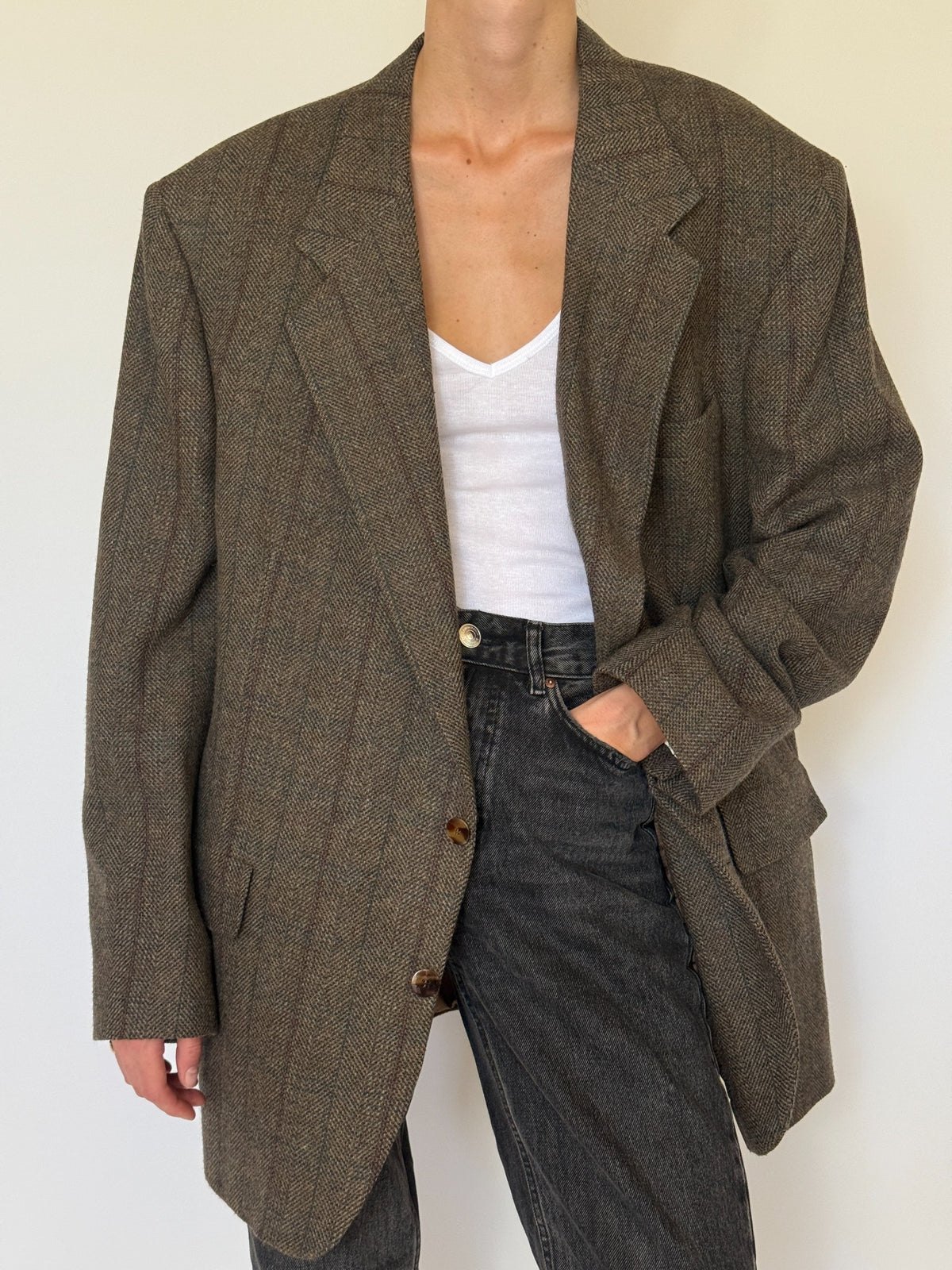 Front detail of two button blazer