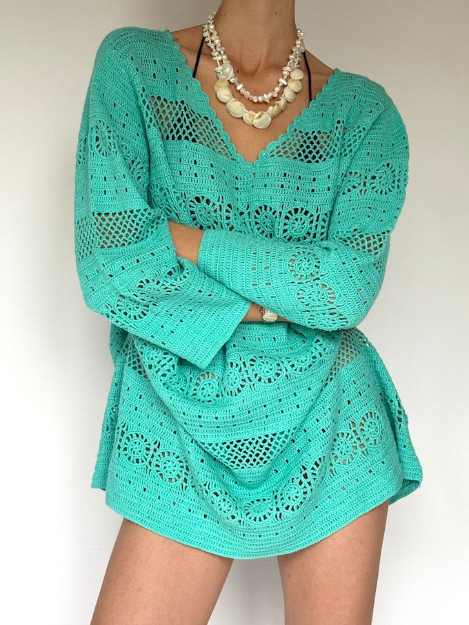 VINTAGE CROCHET BEACH COVER-UP IN NATURAL turquoise 6251