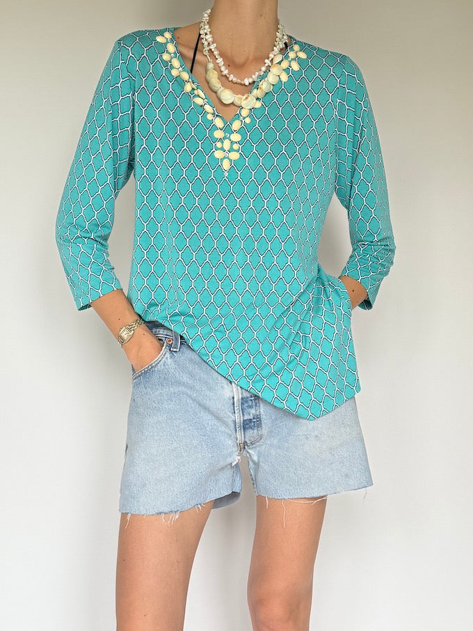 Vintage Chain-Print Beach Cover-Up with Shell Detail Turquoise 6252