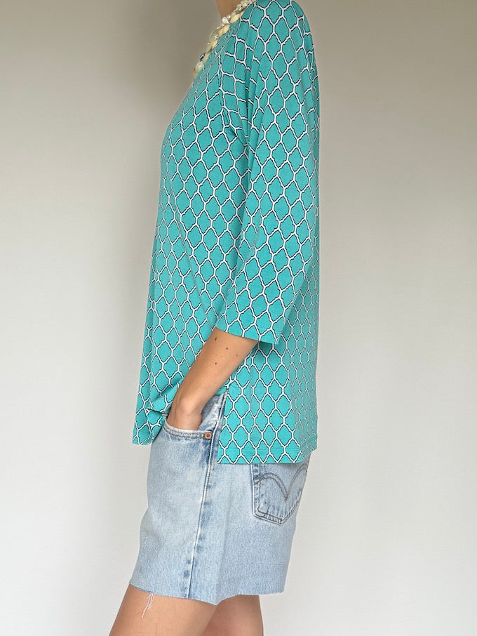Vintage Chain-Print Beach Cover-Up with Shell Detail Turquoise 6252
