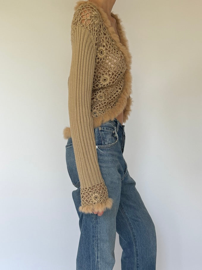Vintage Crochet Cardigan with Fur Trim 6163