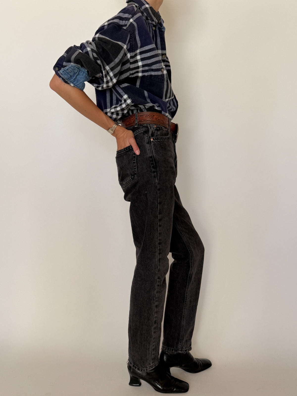 Full back view of oversized vintage navy plaid shirt