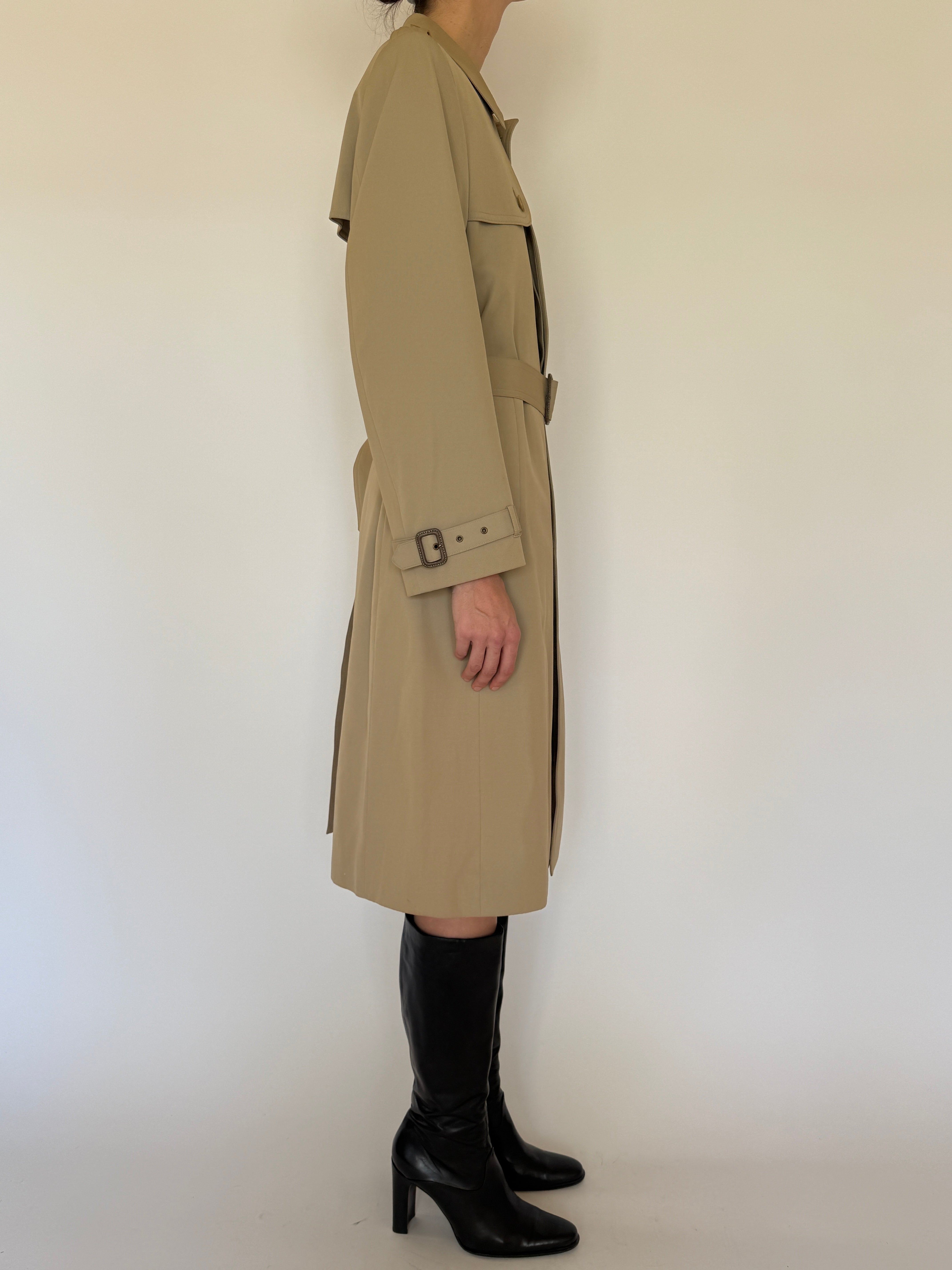 Vintage beige trench coat side view tailored silhouette