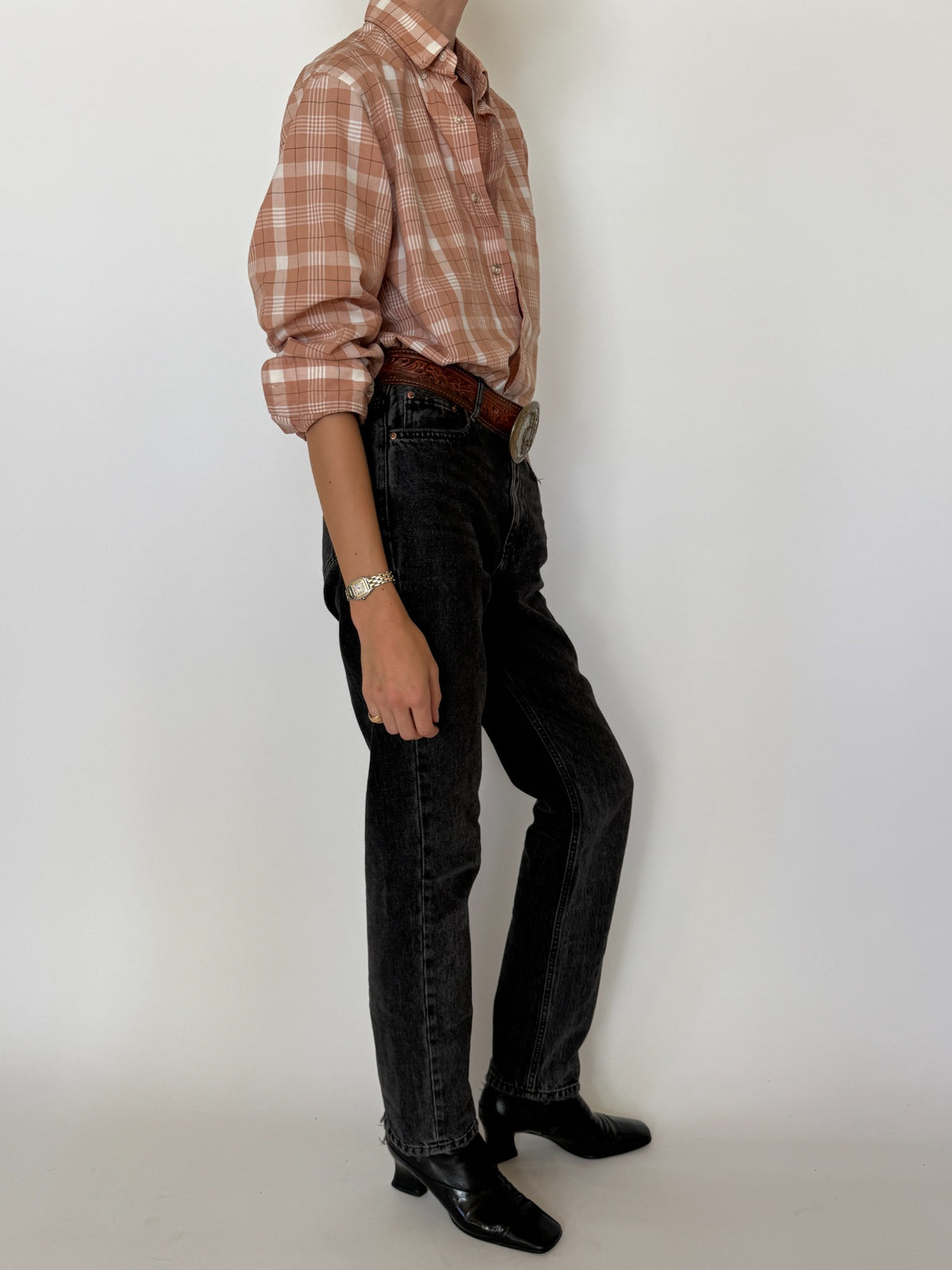 Side view Dior plaid shirt with rolled sleeves