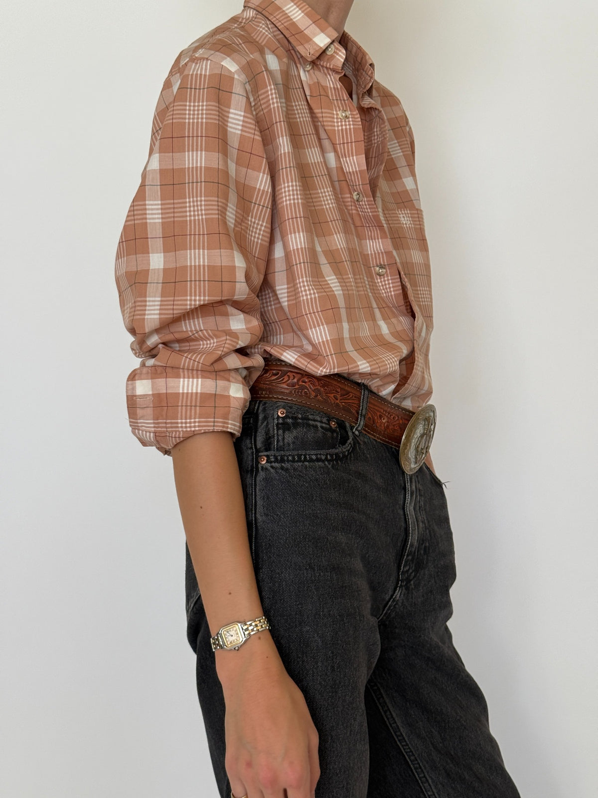Three-quarter side view plaid Christian Dior shirt
