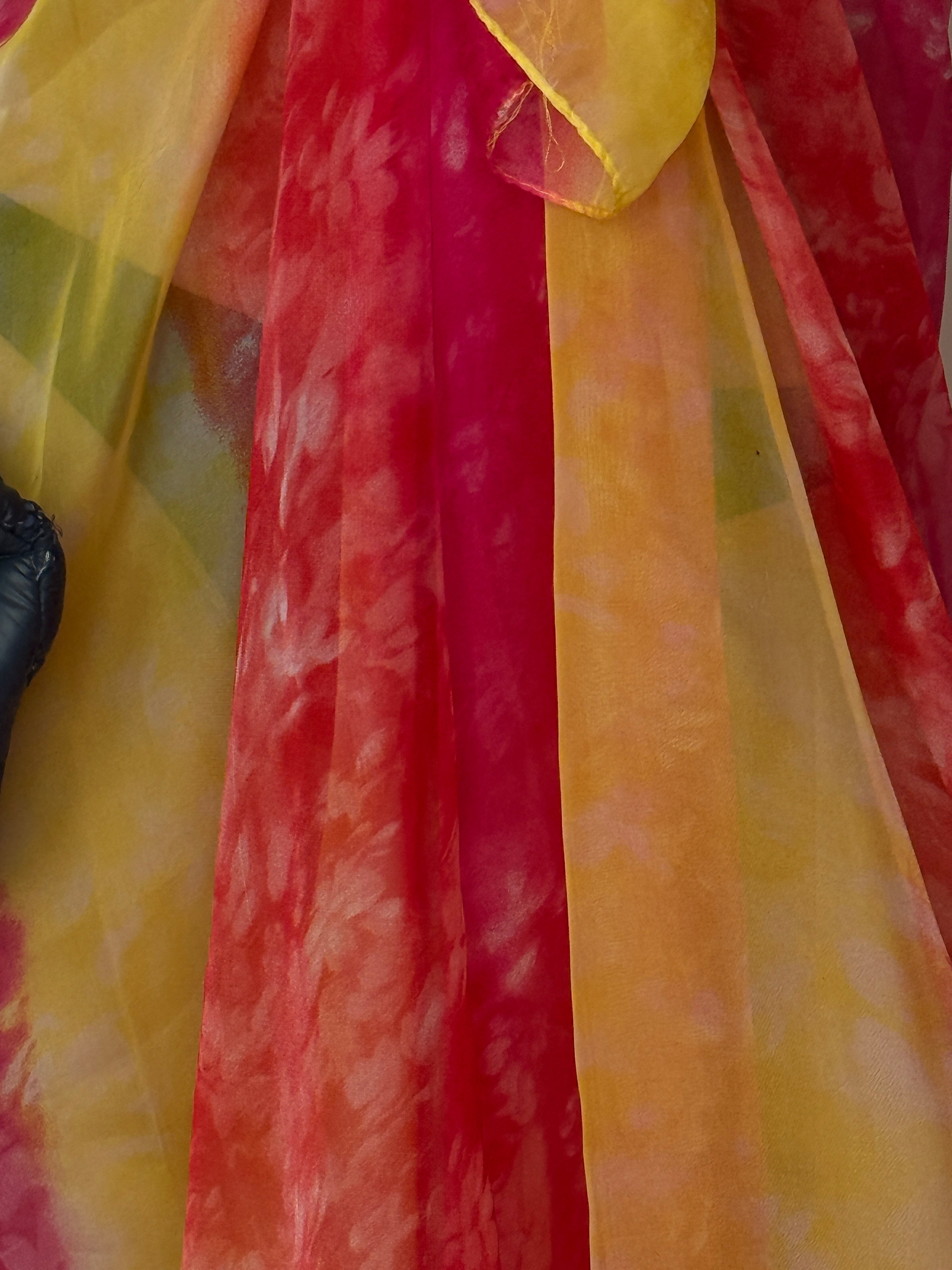 Vintage sarong tied as a top pink & yellow 6284