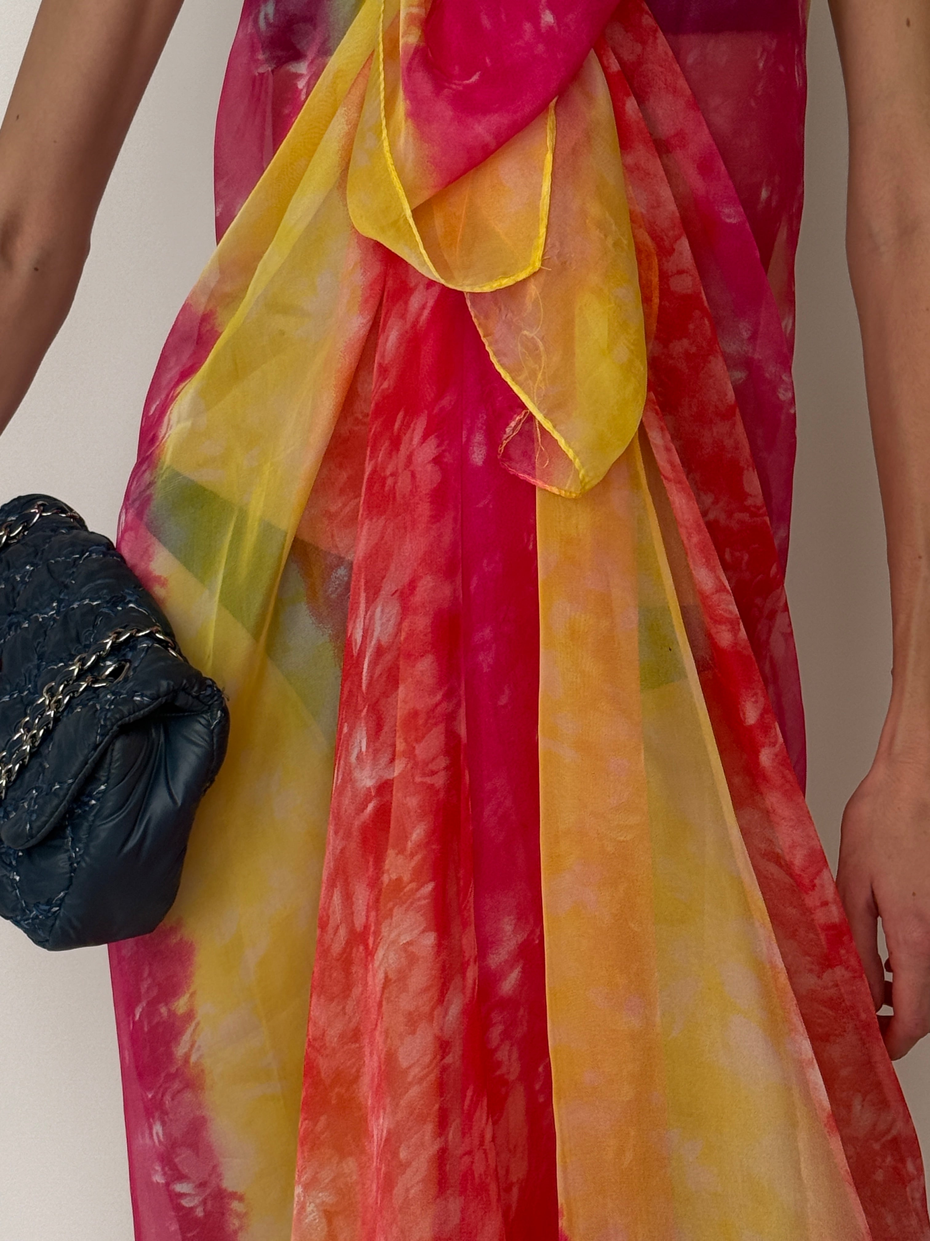 Vintage sarong tied as a top pink & yellow 6284