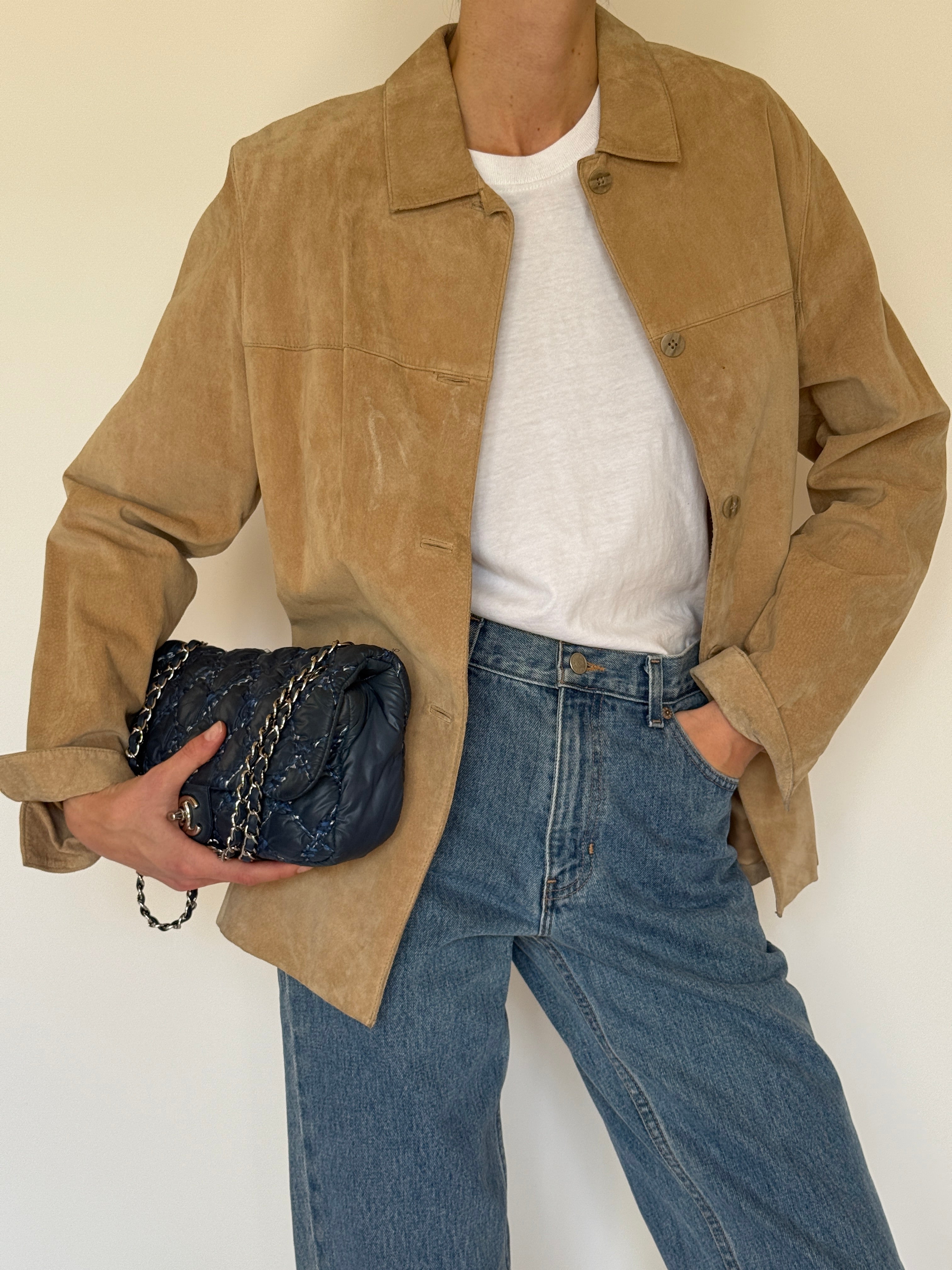 Vintage tan suede jacket front panel seam detail
