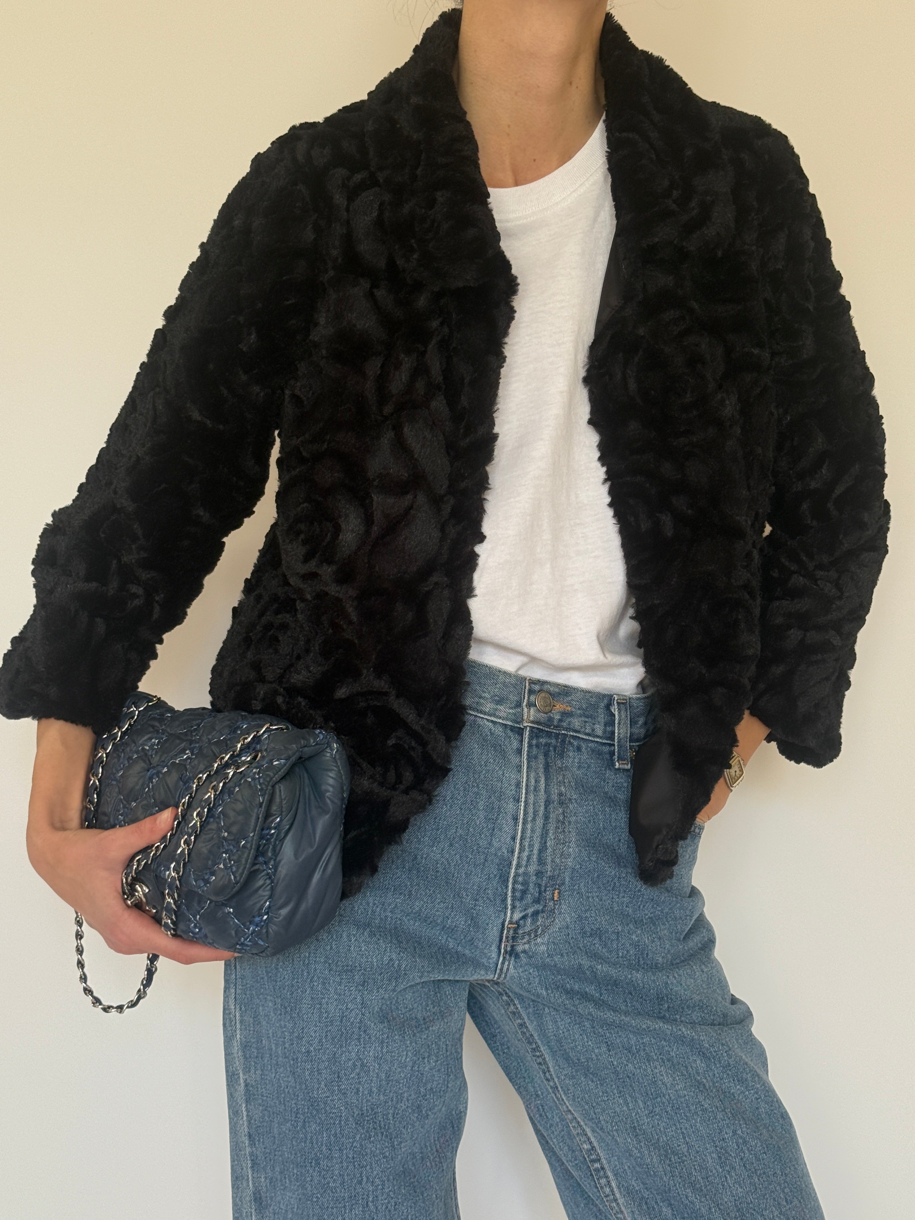 Vintage black faux fur cropped jacket front view