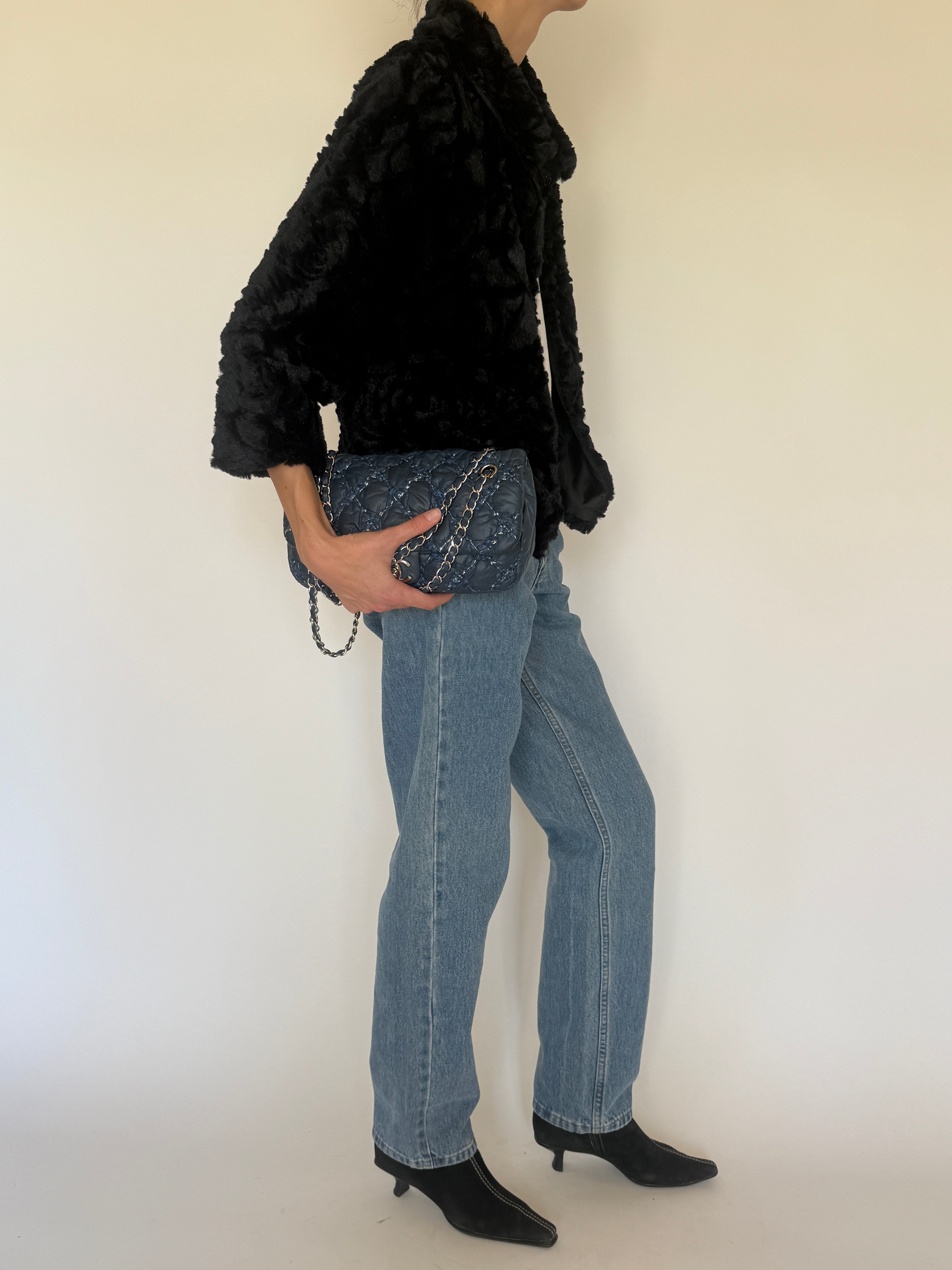 Vintage black faux fur cropped jacket side view
