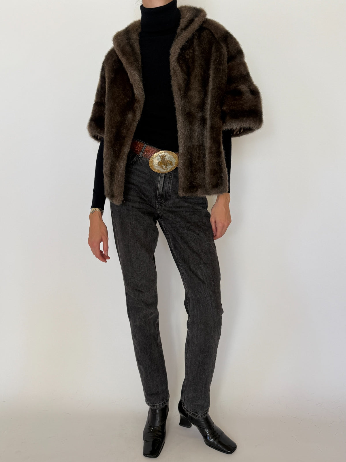 Vintage chocolate brown faux fur cape jacket