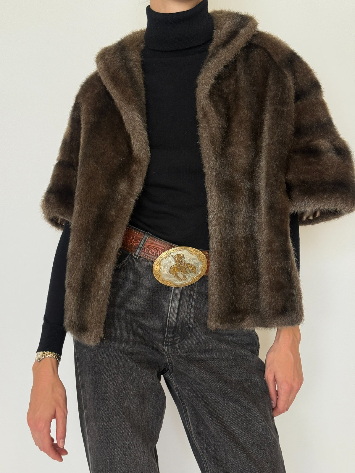Vintage chocolate brown faux fur cape jacket