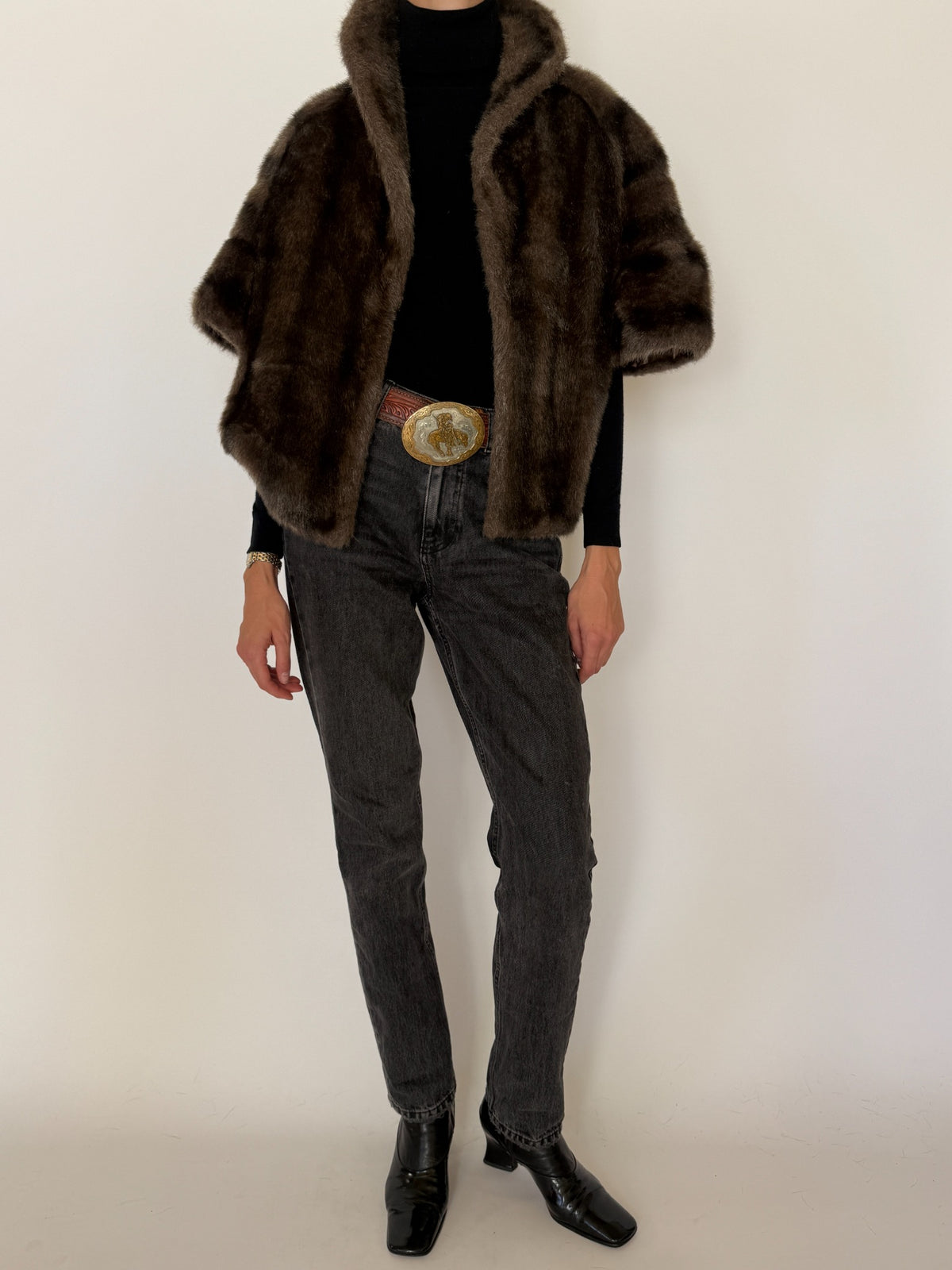 Vintage chocolate brown faux fur cape jacket
