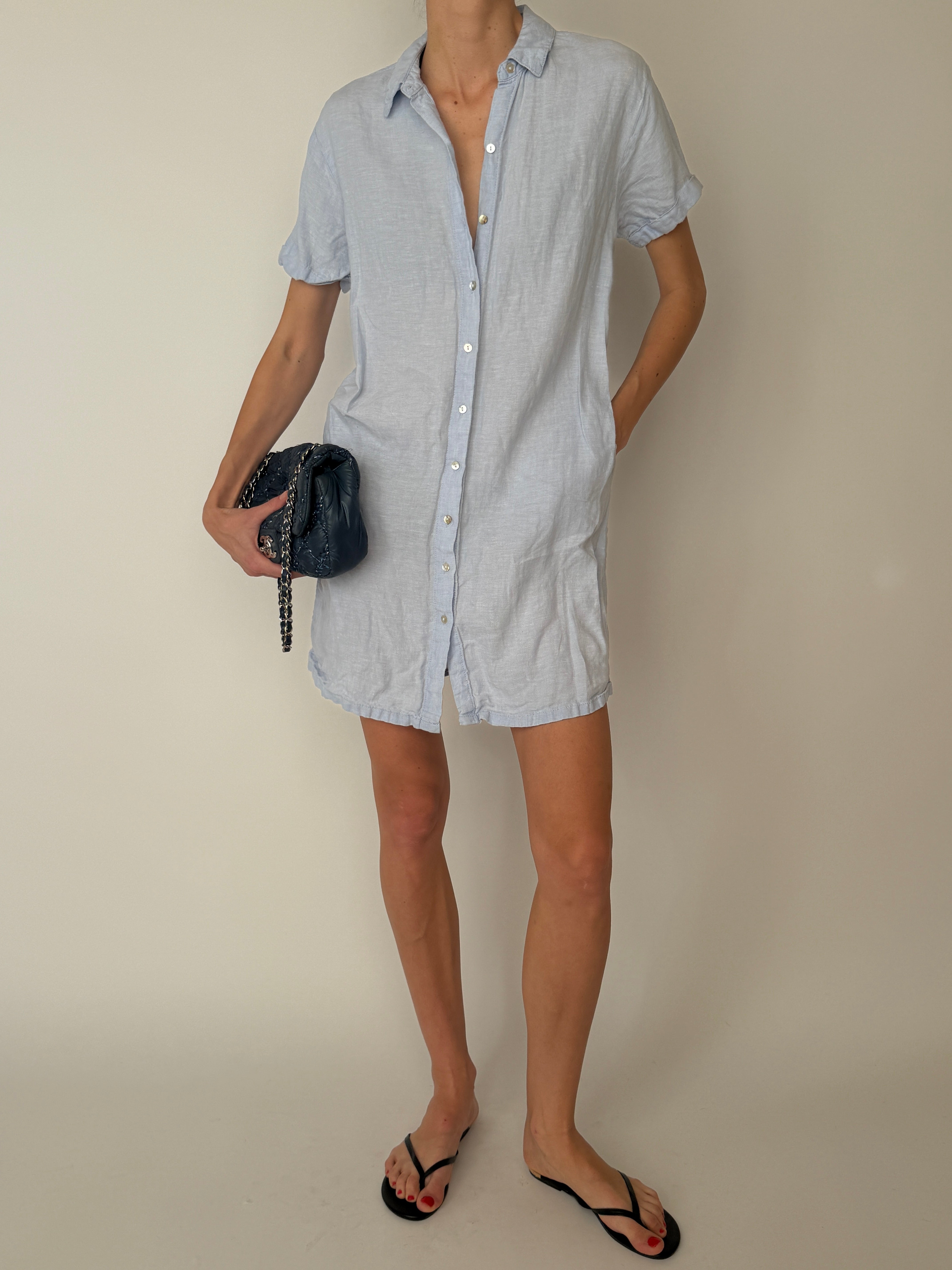 Vintage linen button-down shirt dress with short sleeves in light blue