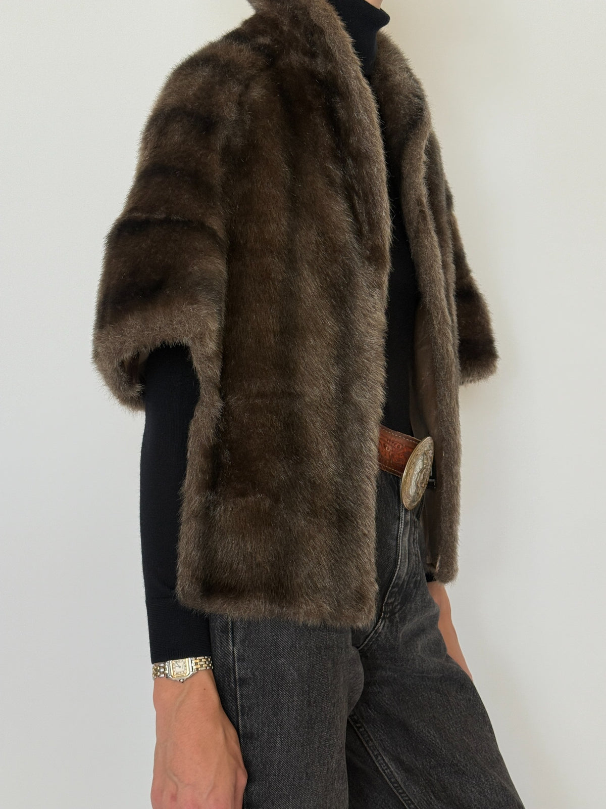 Vintage chocolate brown faux fur cape jacket