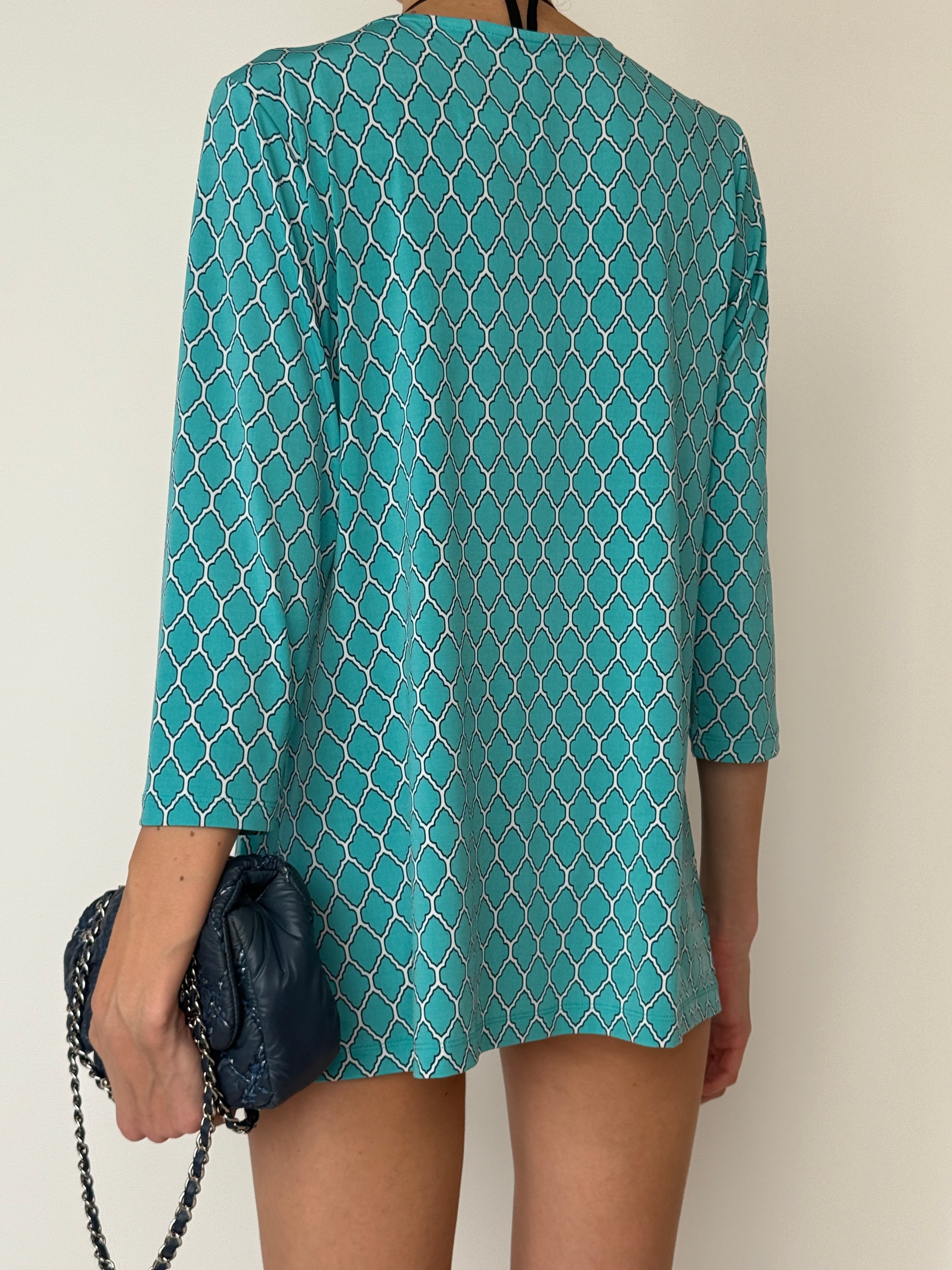 Vintage Chain-Print Beach Cover-Up with Shell Detail Turquoise 6252