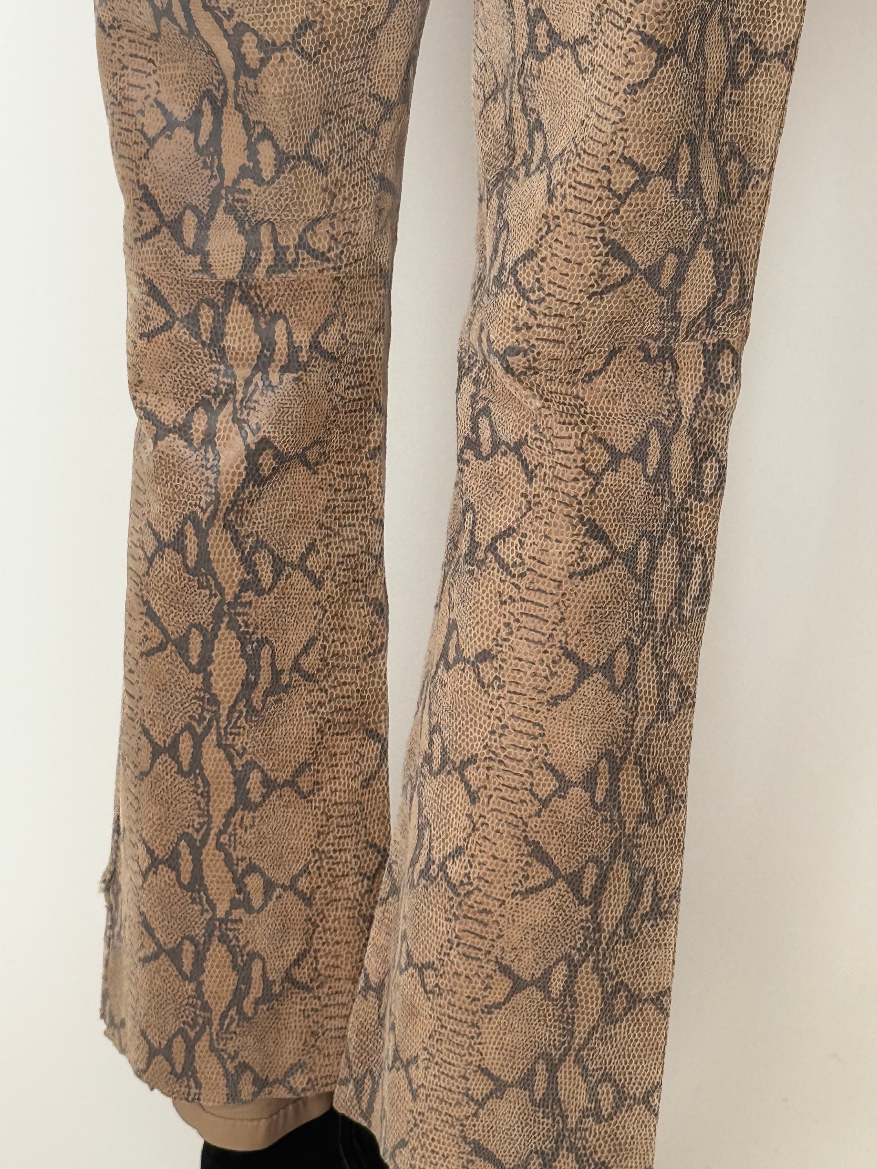 Vintage leather snakeskin print trousers with structured fit brown detailed