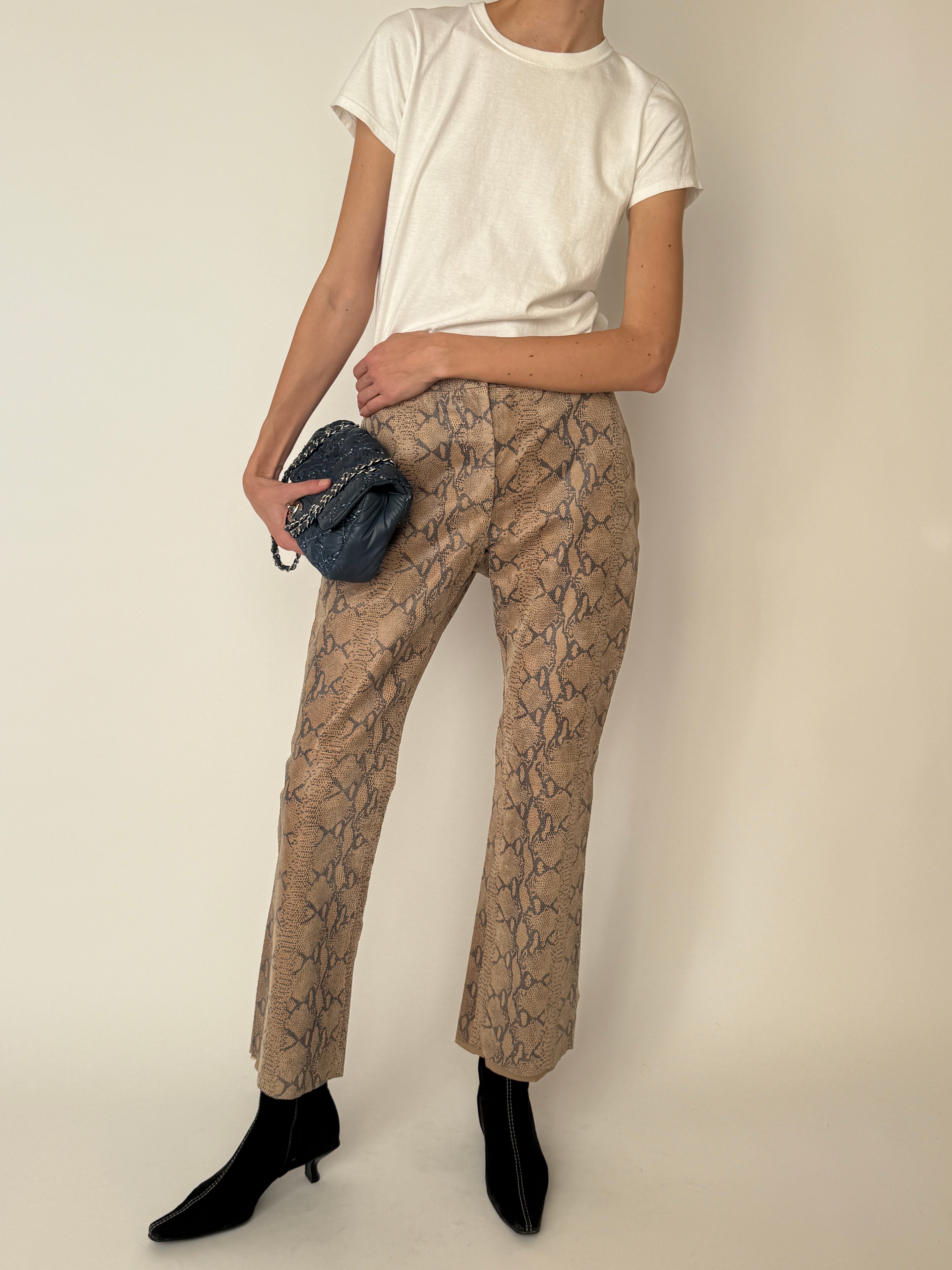 Vintage leather snakeskin print trousers with structured fit brown