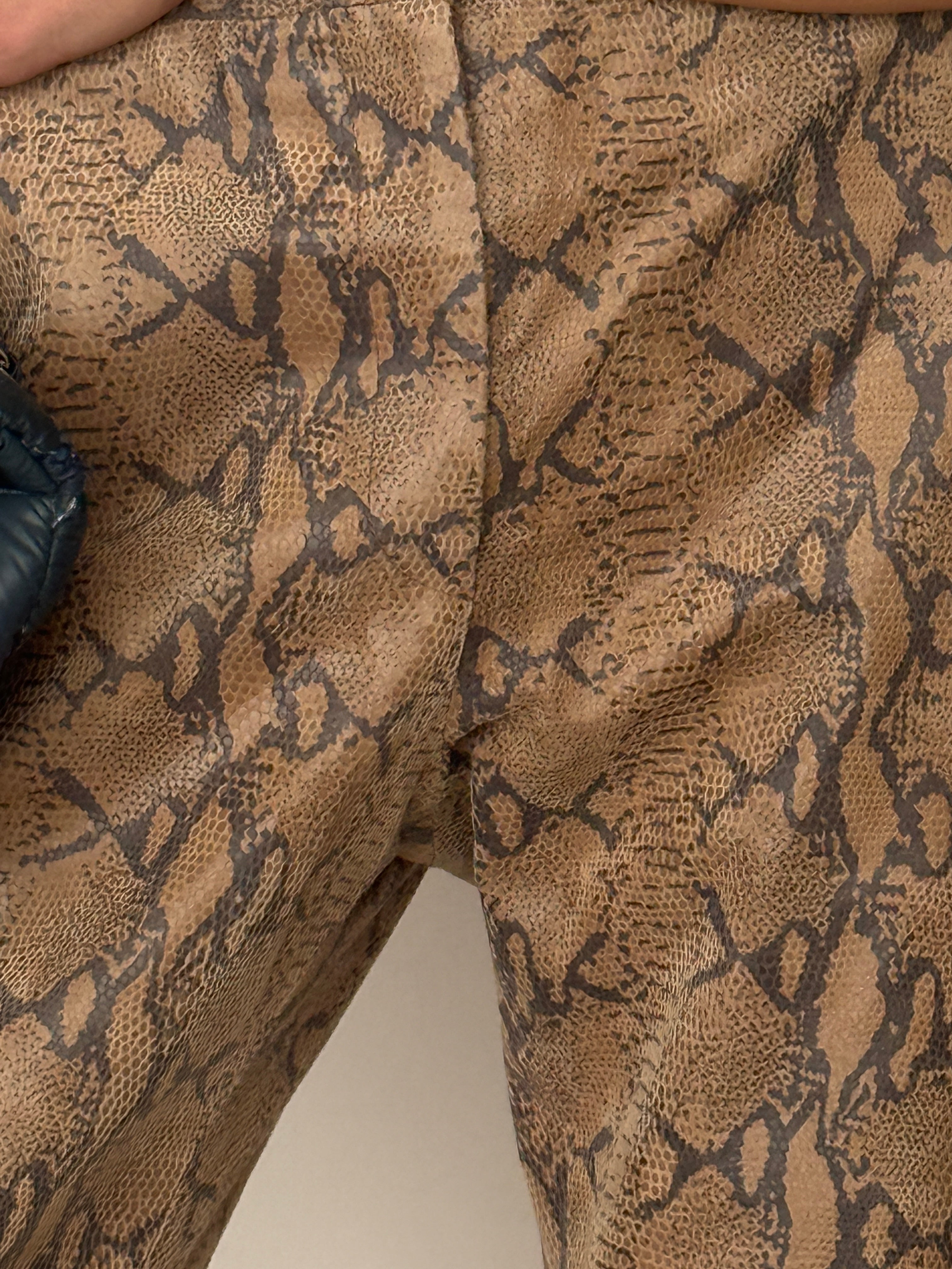Vintage leather snakeskin print trousers with structured fit brown detail