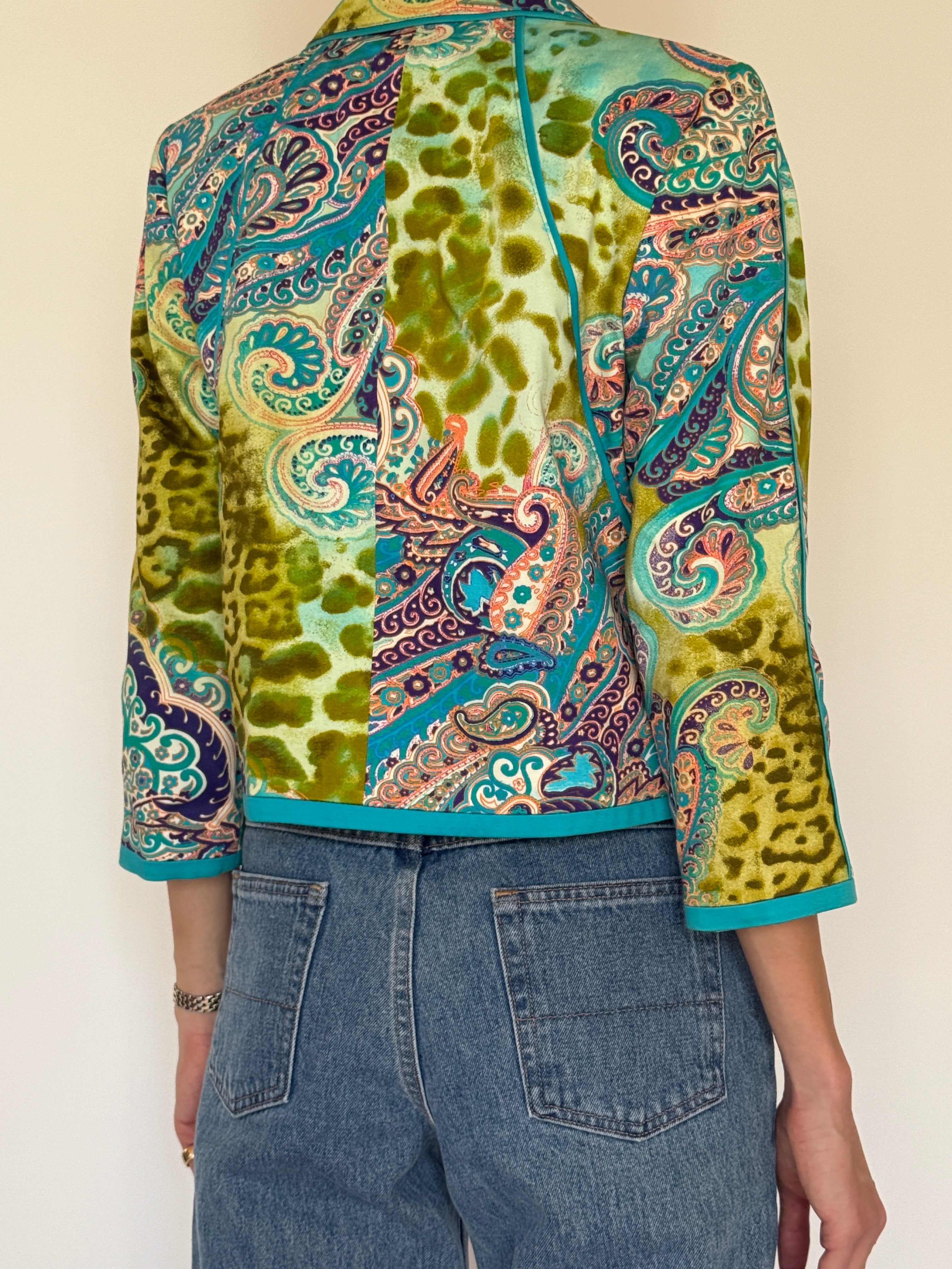 Vintage turquoise paisley cropped jacket back view