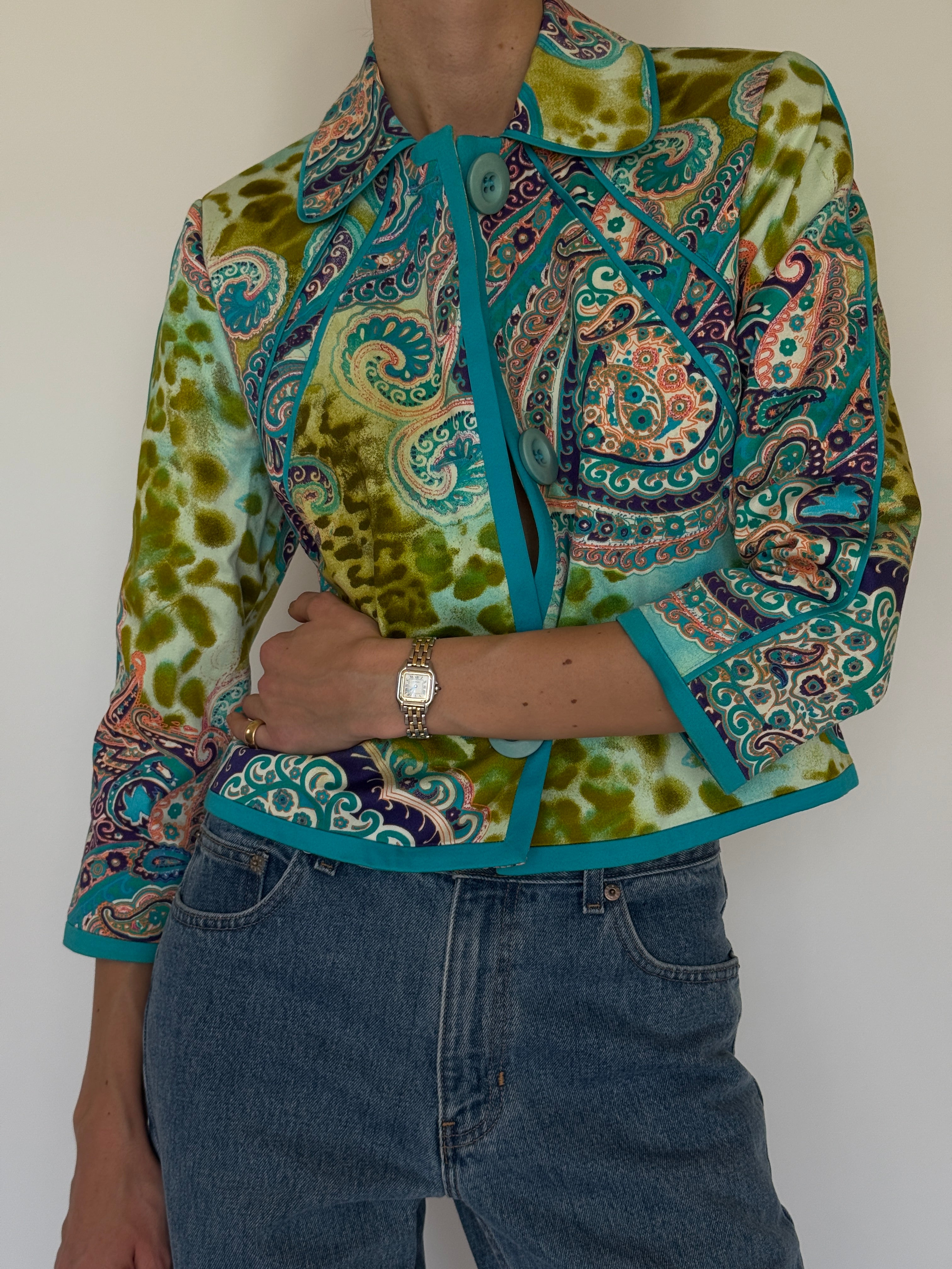 Vintage multicolor paisley jacket front outfit view turquoise and green tones