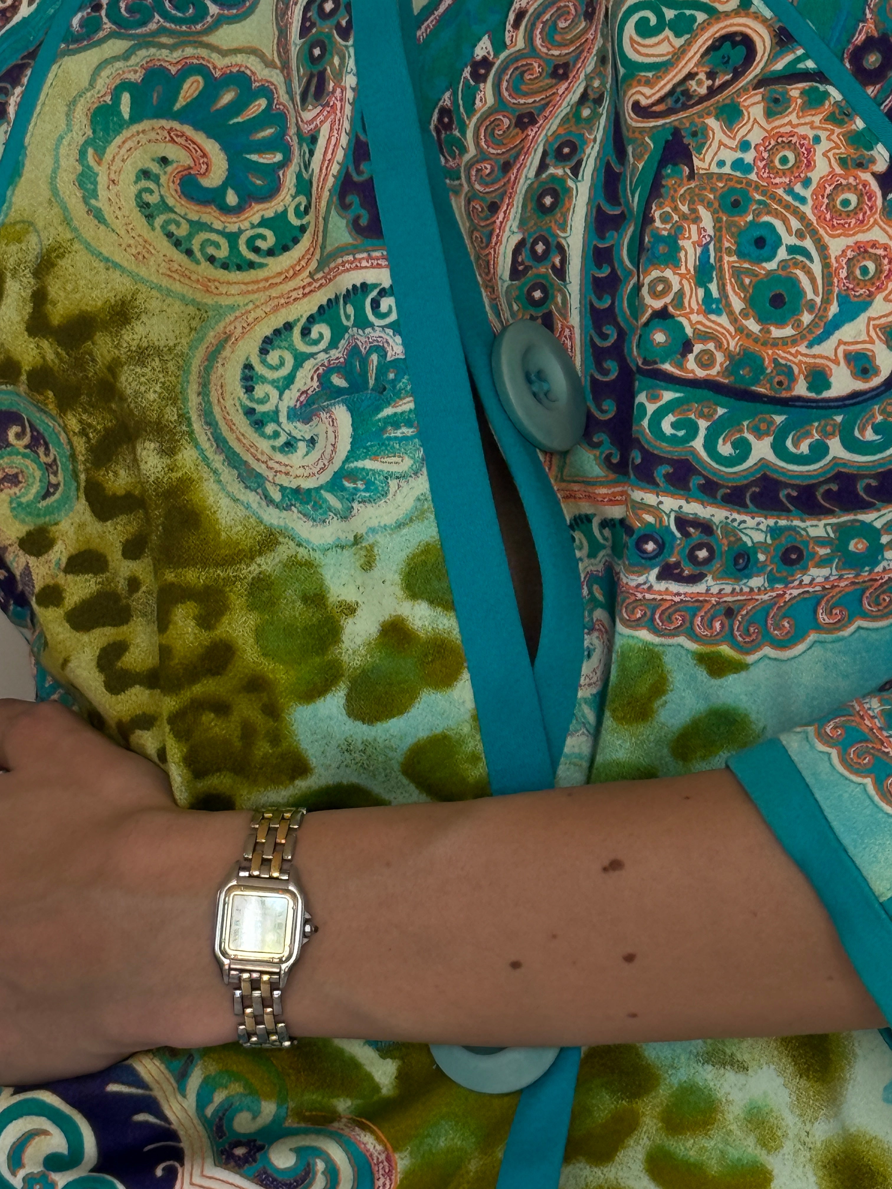 Vintage multicolor paisley jacket front outfit view turquoise and green tones