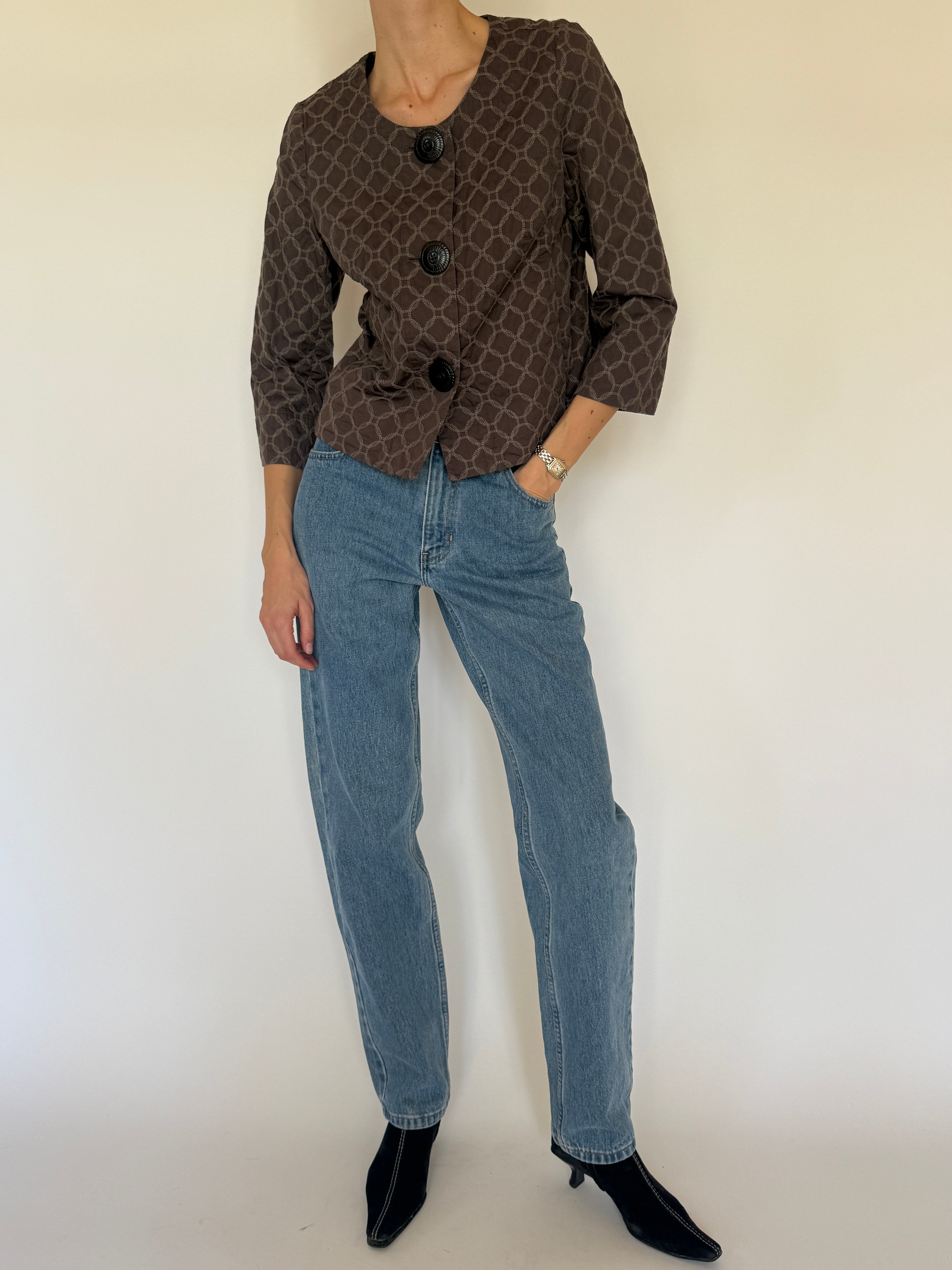 Vintage brown geometric embroidered cotton jacket front view with statement buttons
