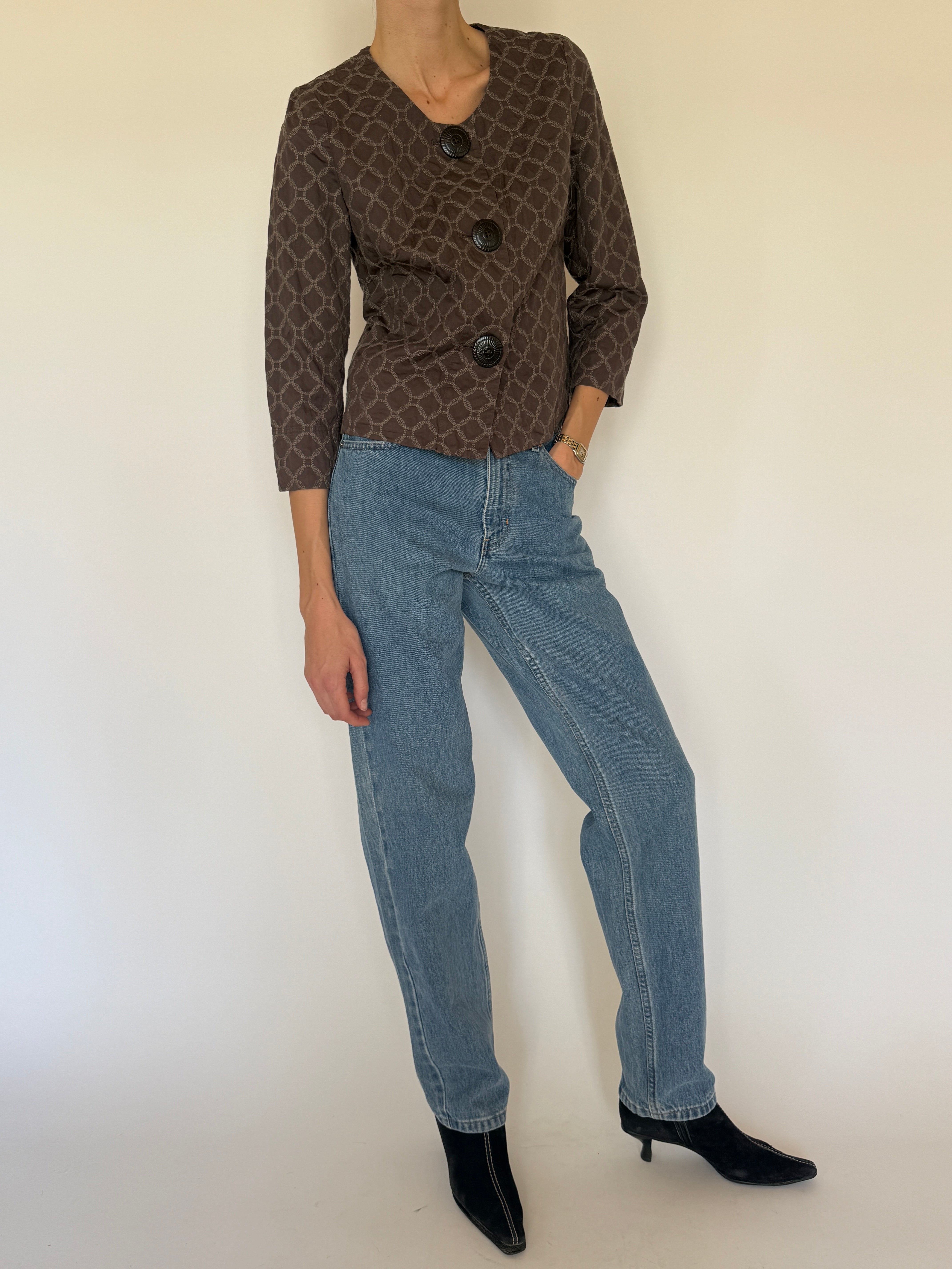 Vintage brown patterned cotton jacket side view structured silhouette