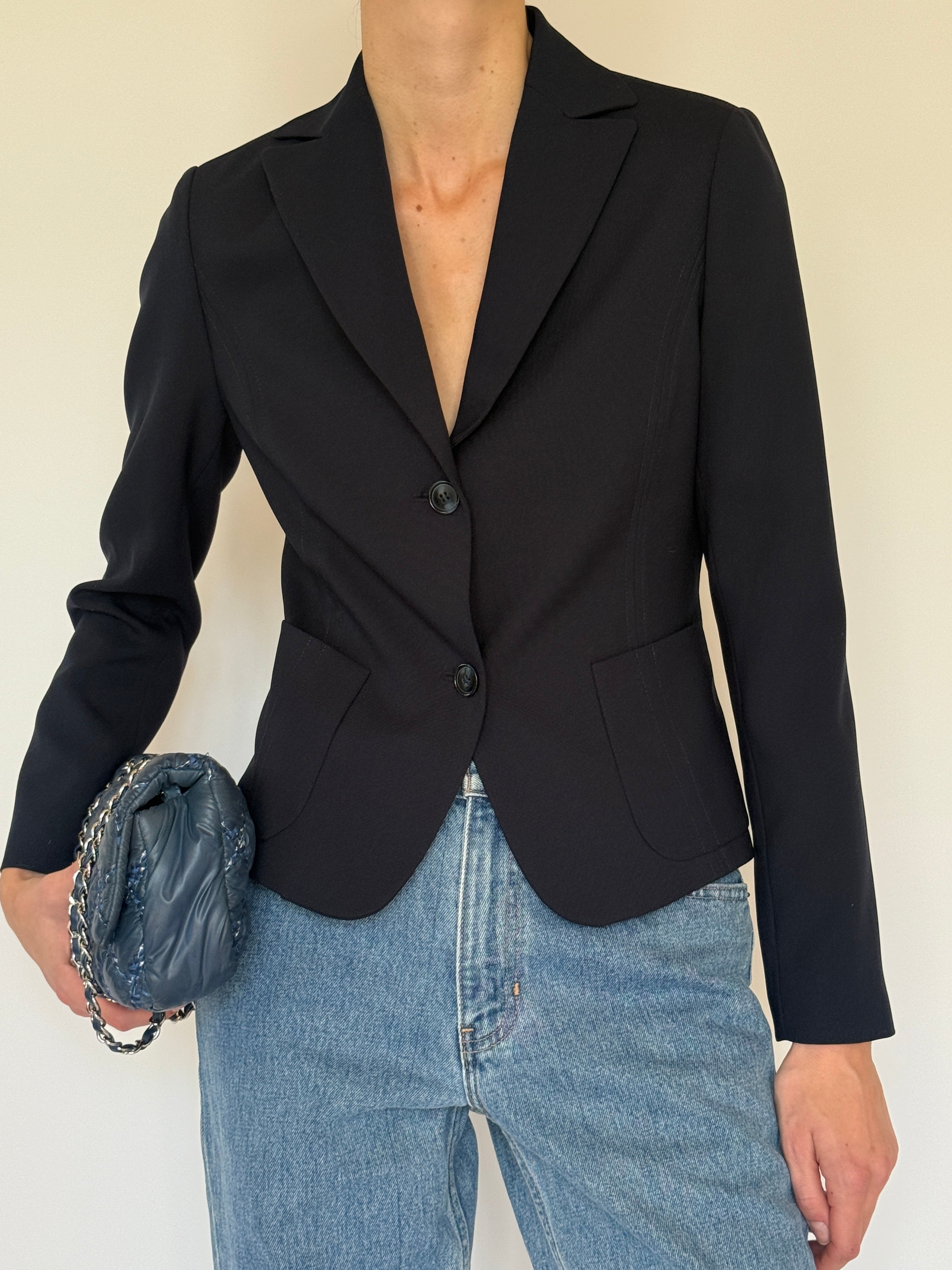 Vintage tailored navy blazer front view