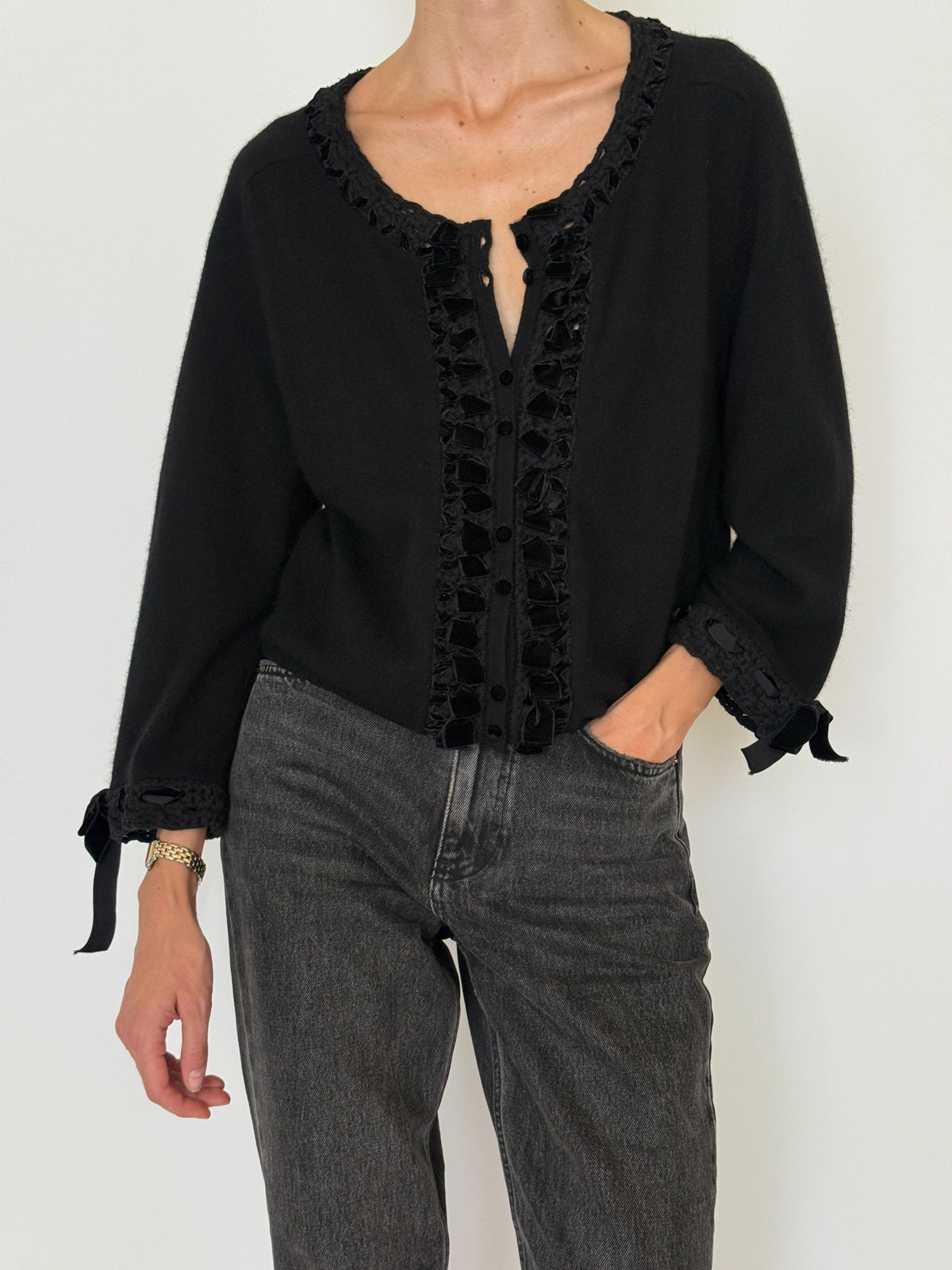 Vintage black cashmere cardigan front view