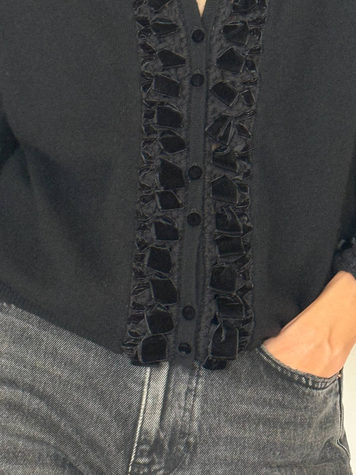 Vintage black cashmere cardigan velvet trim detail