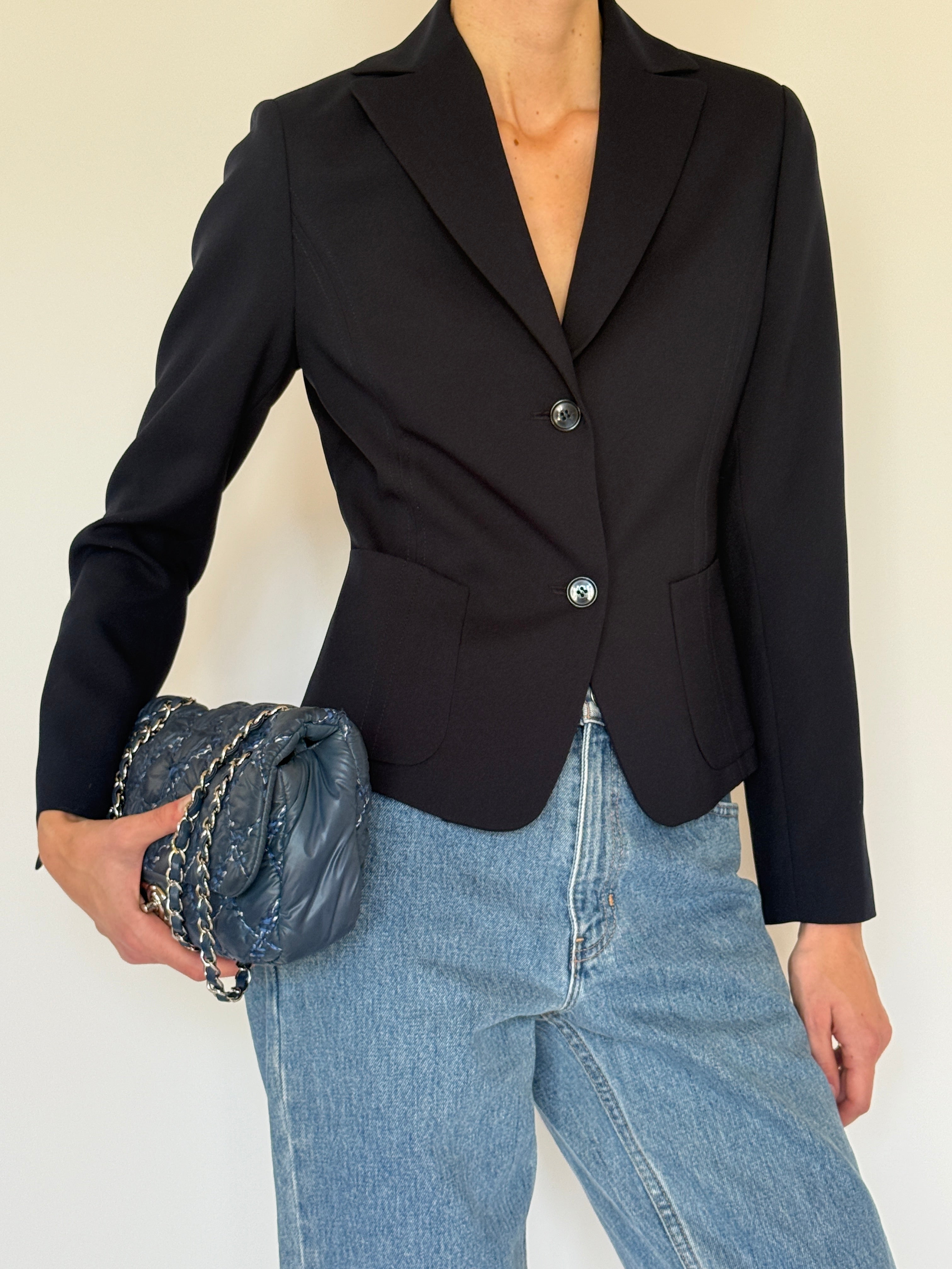 Vintage tailored navy blazer front view