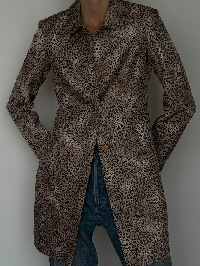 Vintage Leopard Print 100% Silk Long Blazer 6622