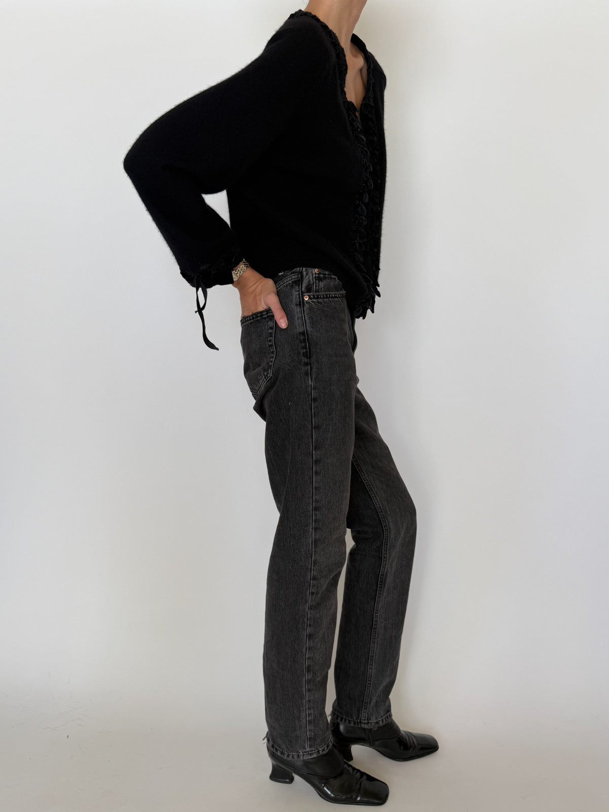 Vintage black cashmere cardigan side view